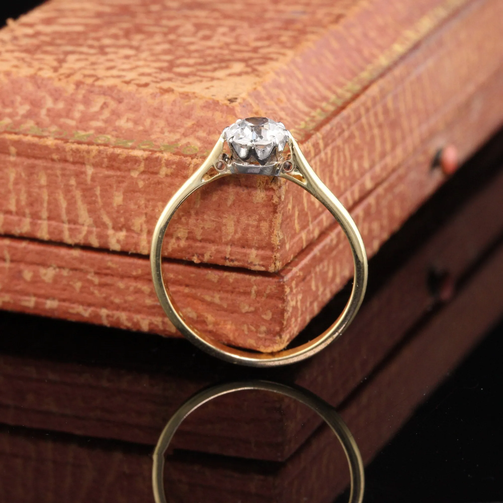 Antique Edwardian 18K Yellow Gold Platinum Top Solitaire Diamond Engagement Ring