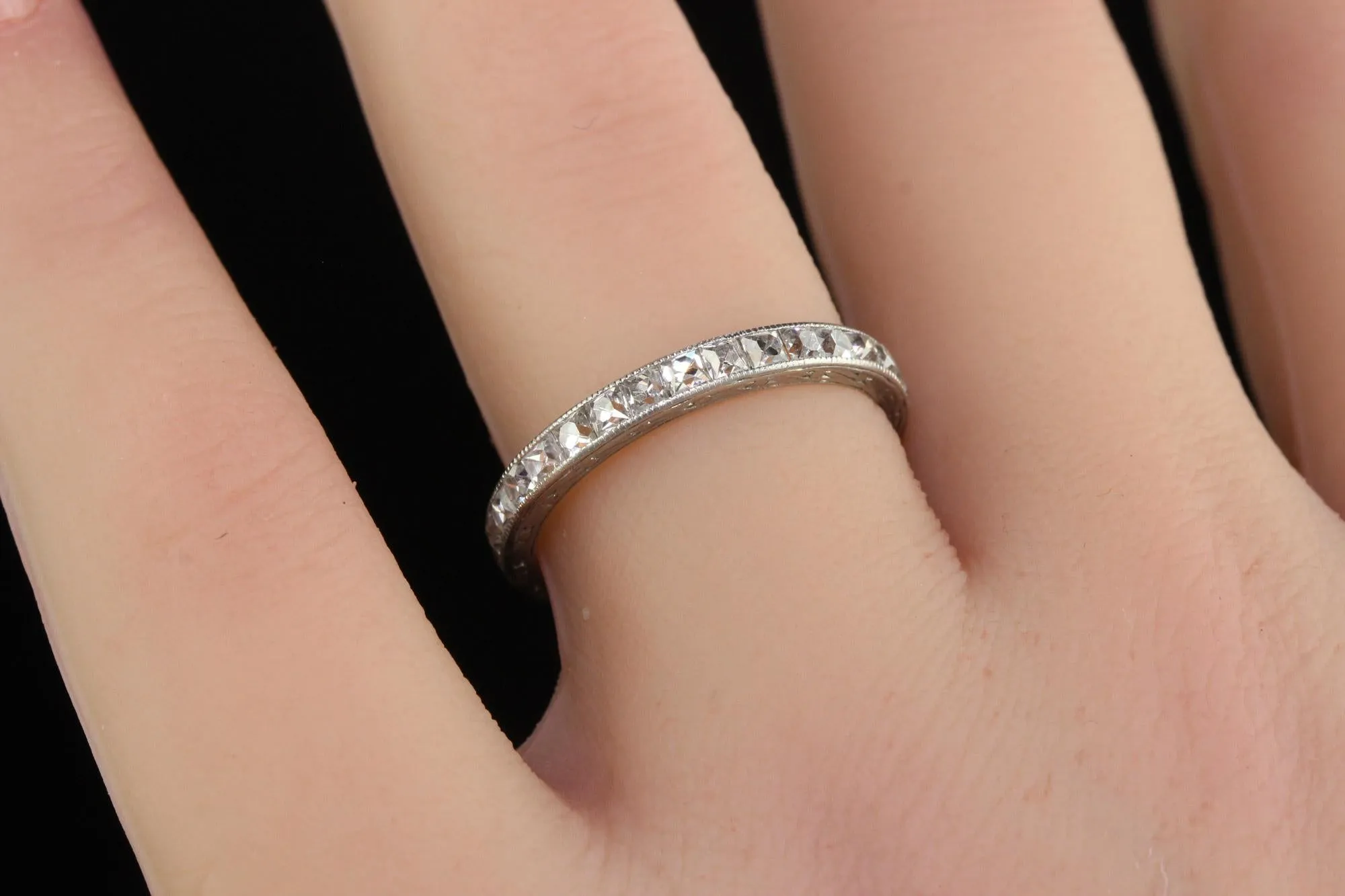 Antique Edwardian Platinum French Cut Diamond Engraved Eternity Ring - Size 7