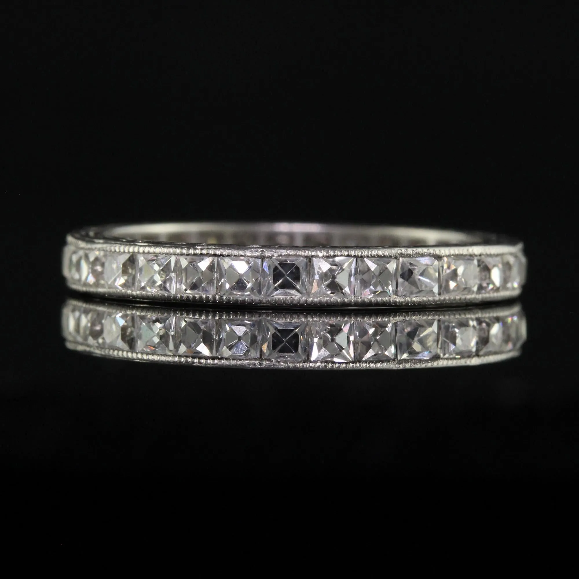 Antique Edwardian Platinum French Cut Diamond Engraved Eternity Ring - Size 7