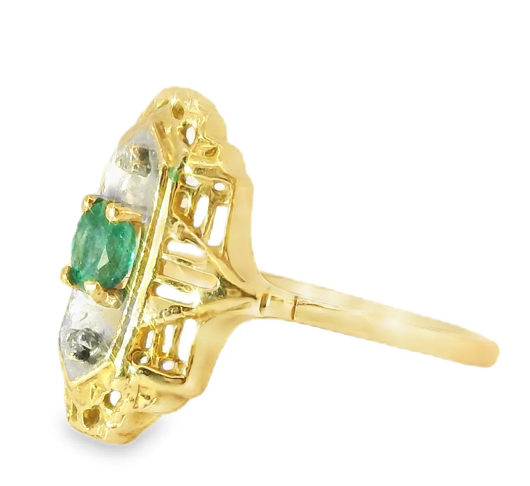 Antique Estate 14K Yellow Gold Emerald Diamond Filigree Ring