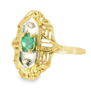 Antique Estate 14K Yellow Gold Emerald Diamond Filigree Ring