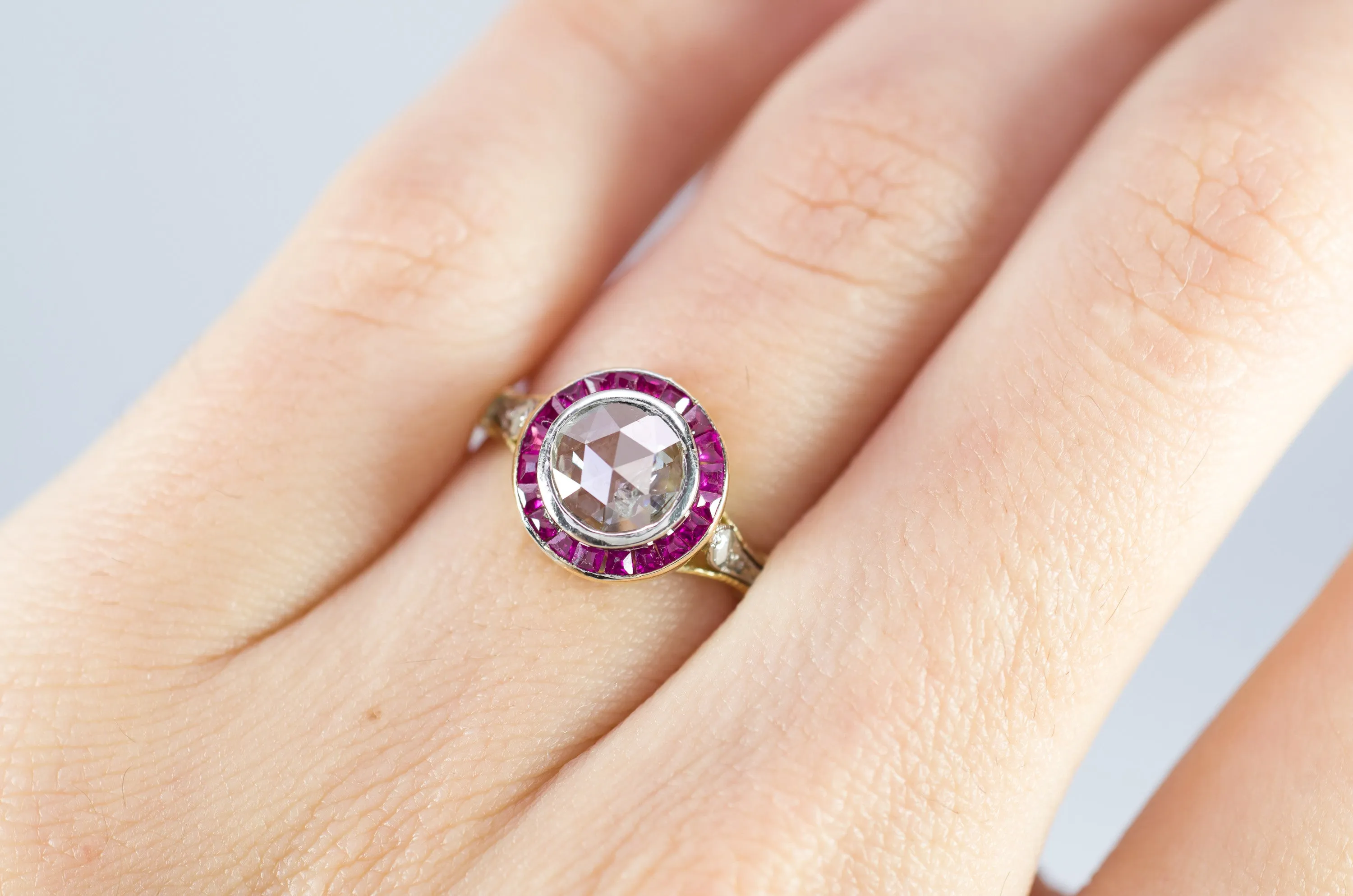 ANTIQUE FRENCH ROSE CUT TARGET RING WITH RUBY HALO