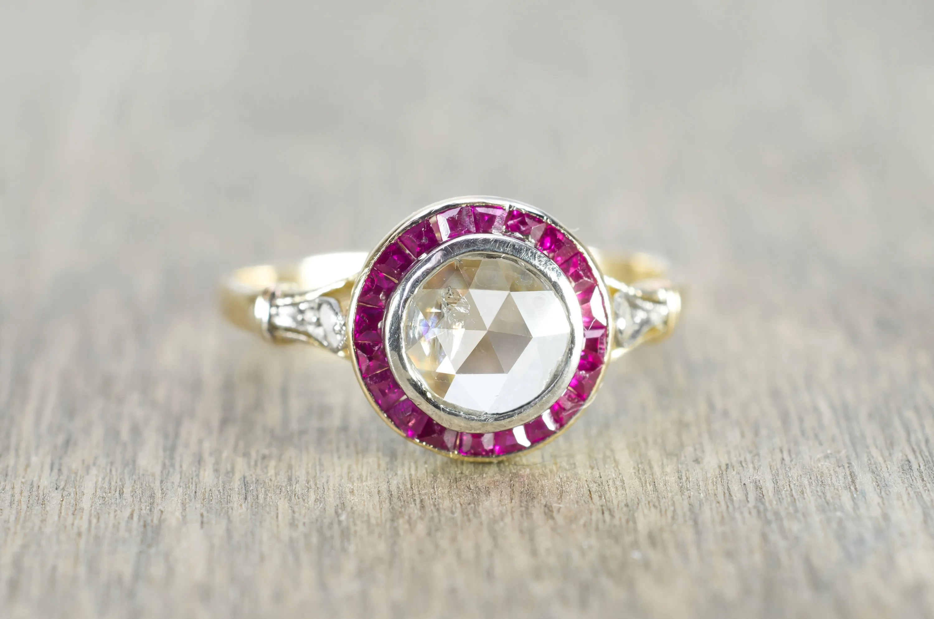 ANTIQUE FRENCH ROSE CUT TARGET RING WITH RUBY HALO