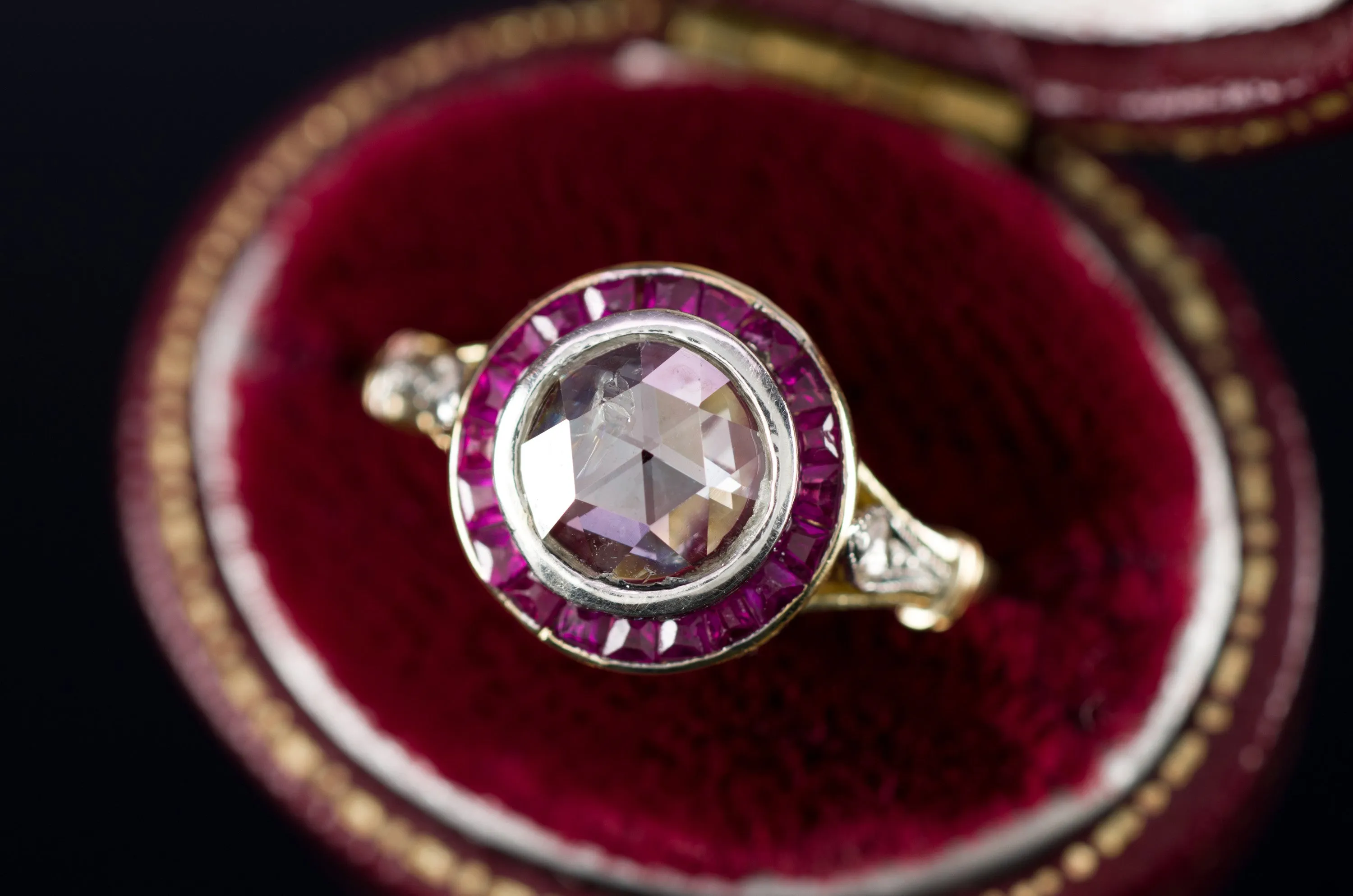 ANTIQUE FRENCH ROSE CUT TARGET RING WITH RUBY HALO