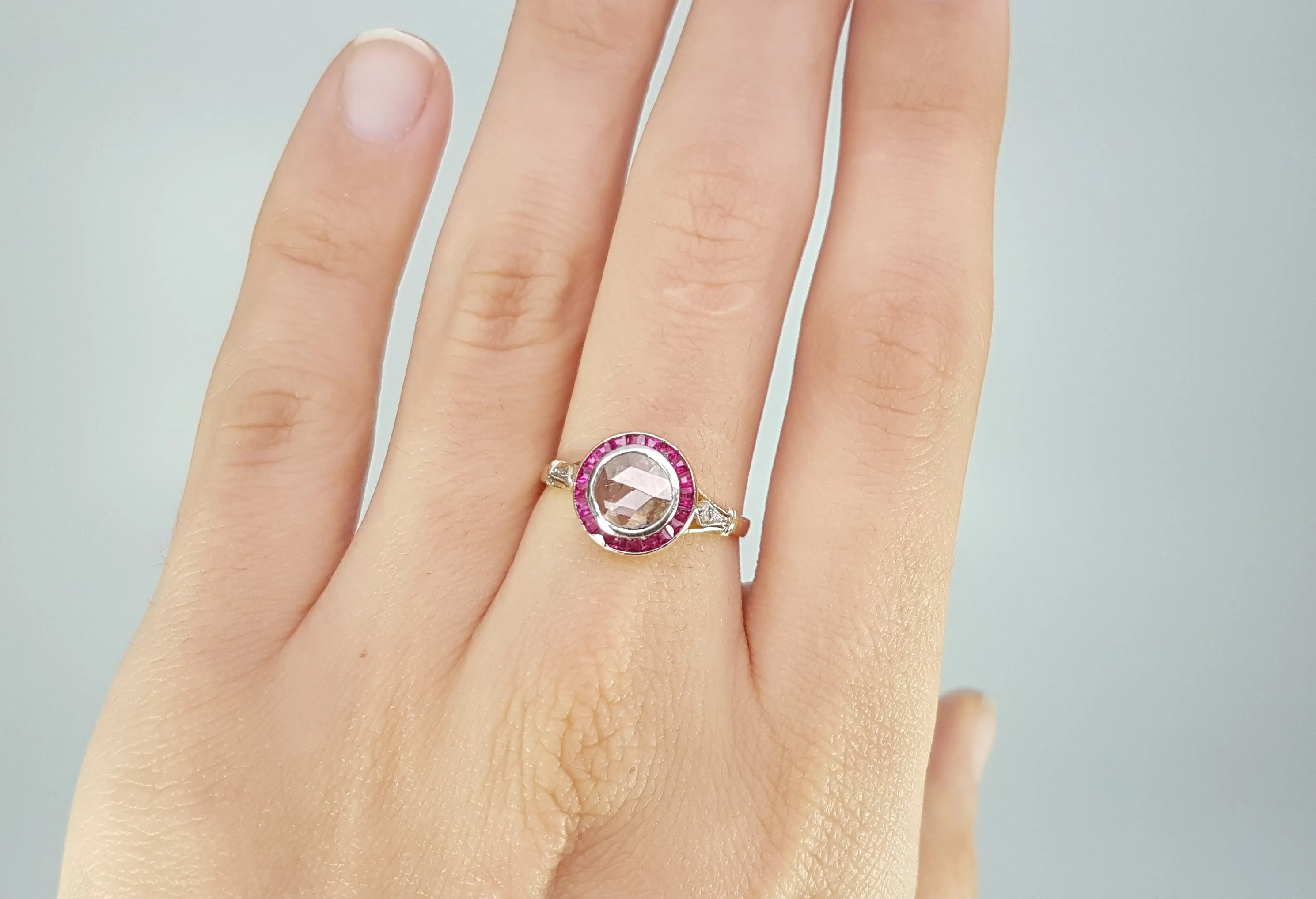 ANTIQUE FRENCH ROSE CUT TARGET RING WITH RUBY HALO