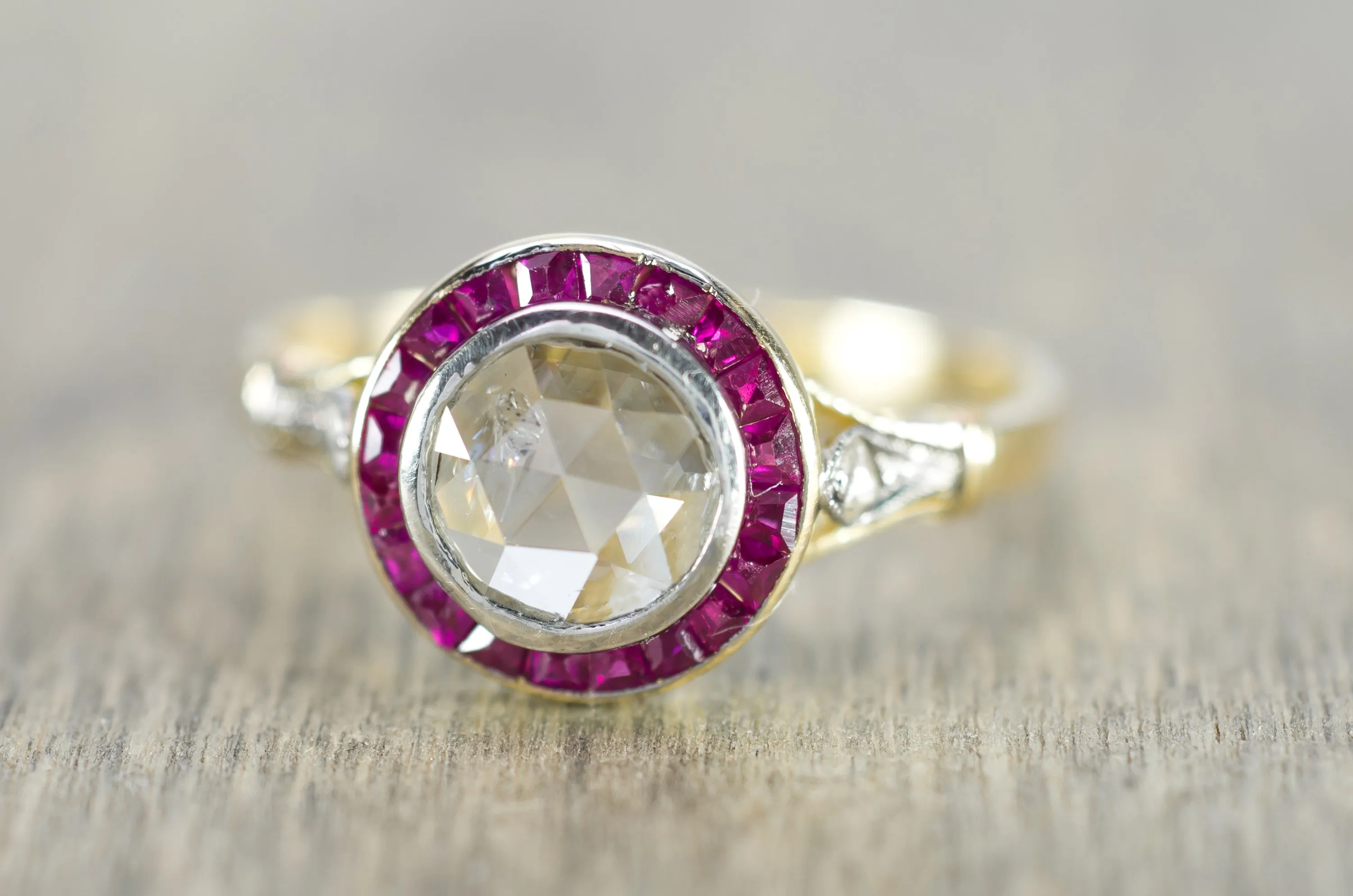 ANTIQUE FRENCH ROSE CUT TARGET RING WITH RUBY HALO