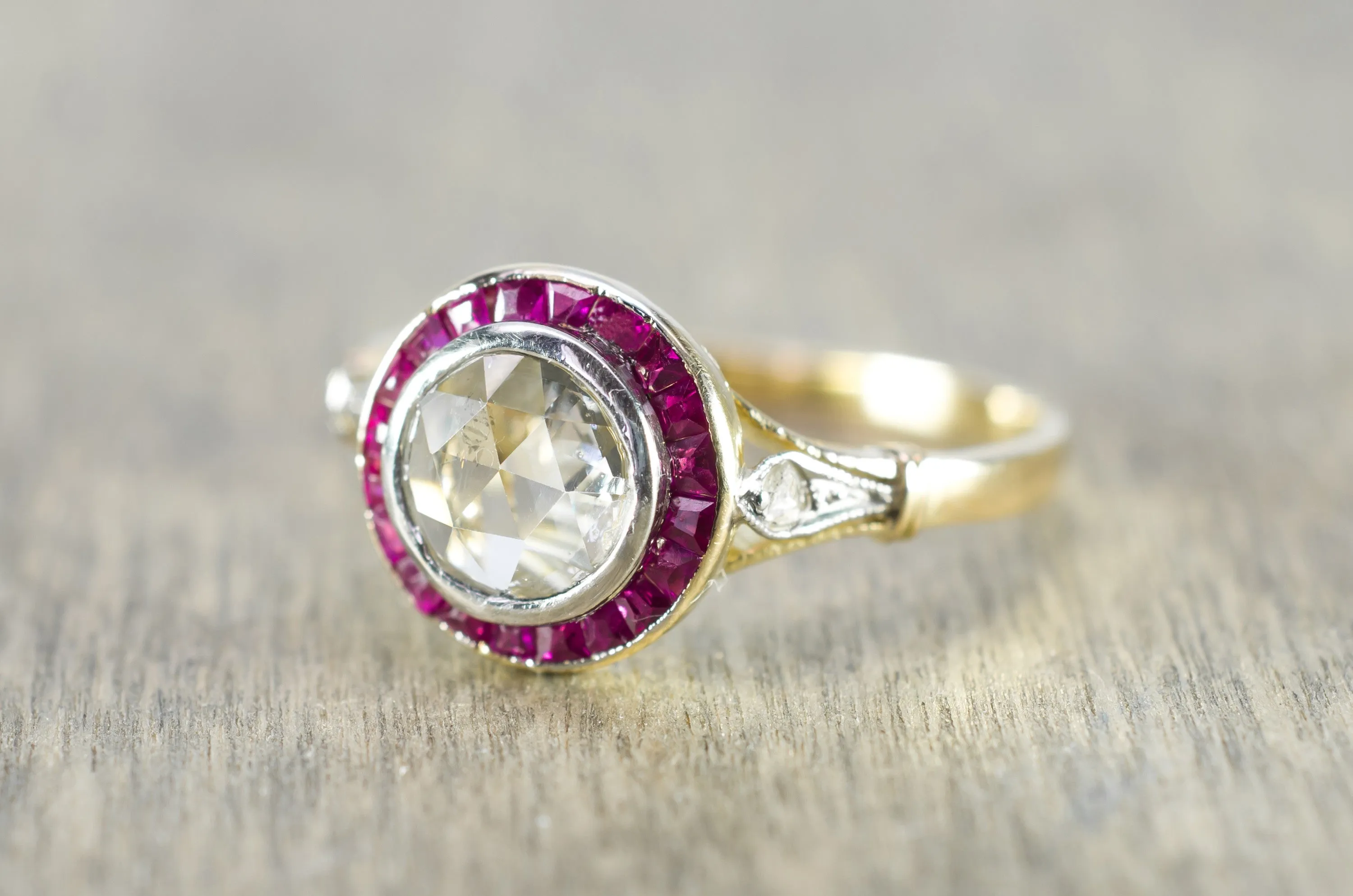 ANTIQUE FRENCH ROSE CUT TARGET RING WITH RUBY HALO