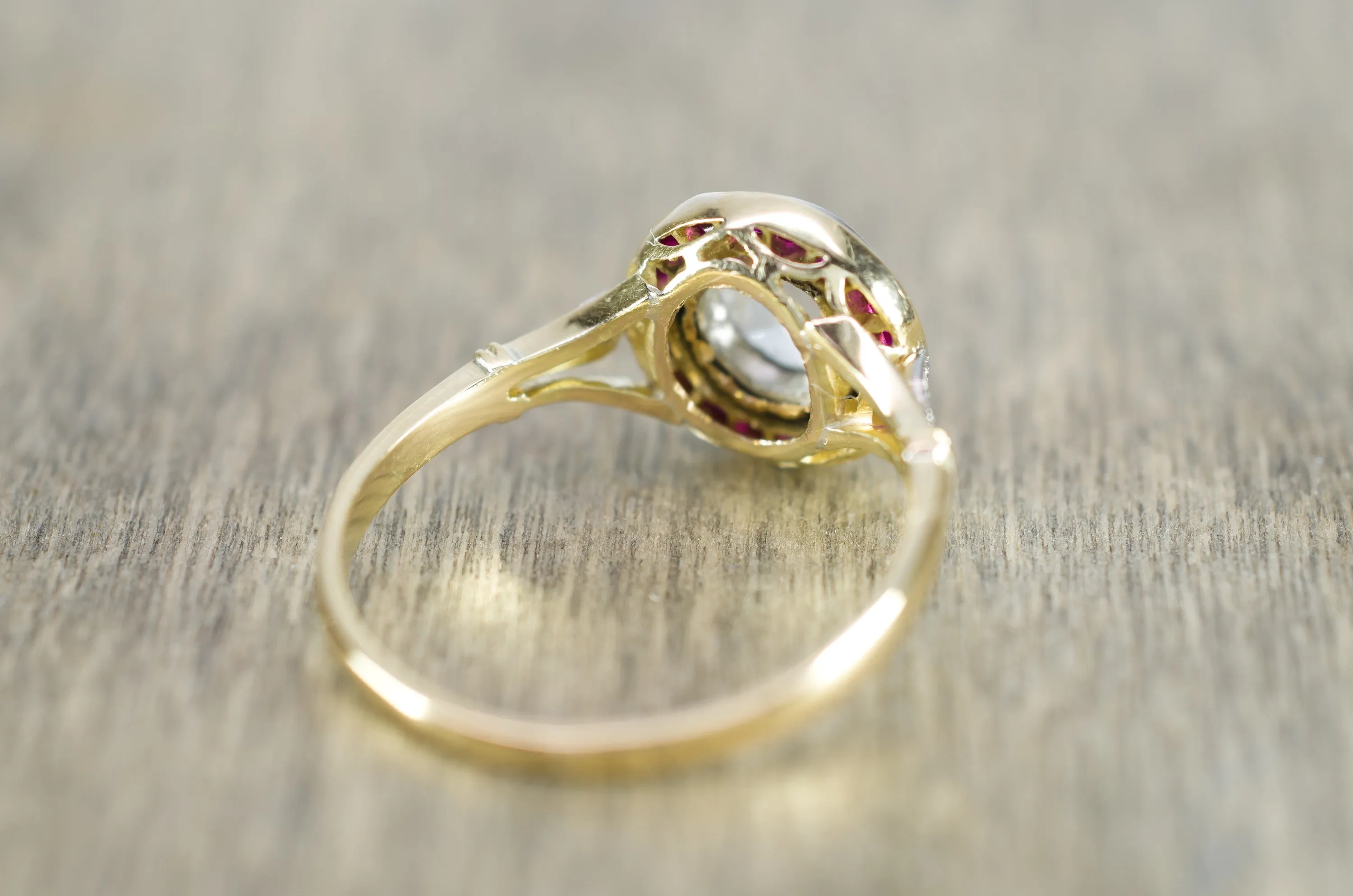 ANTIQUE FRENCH ROSE CUT TARGET RING WITH RUBY HALO