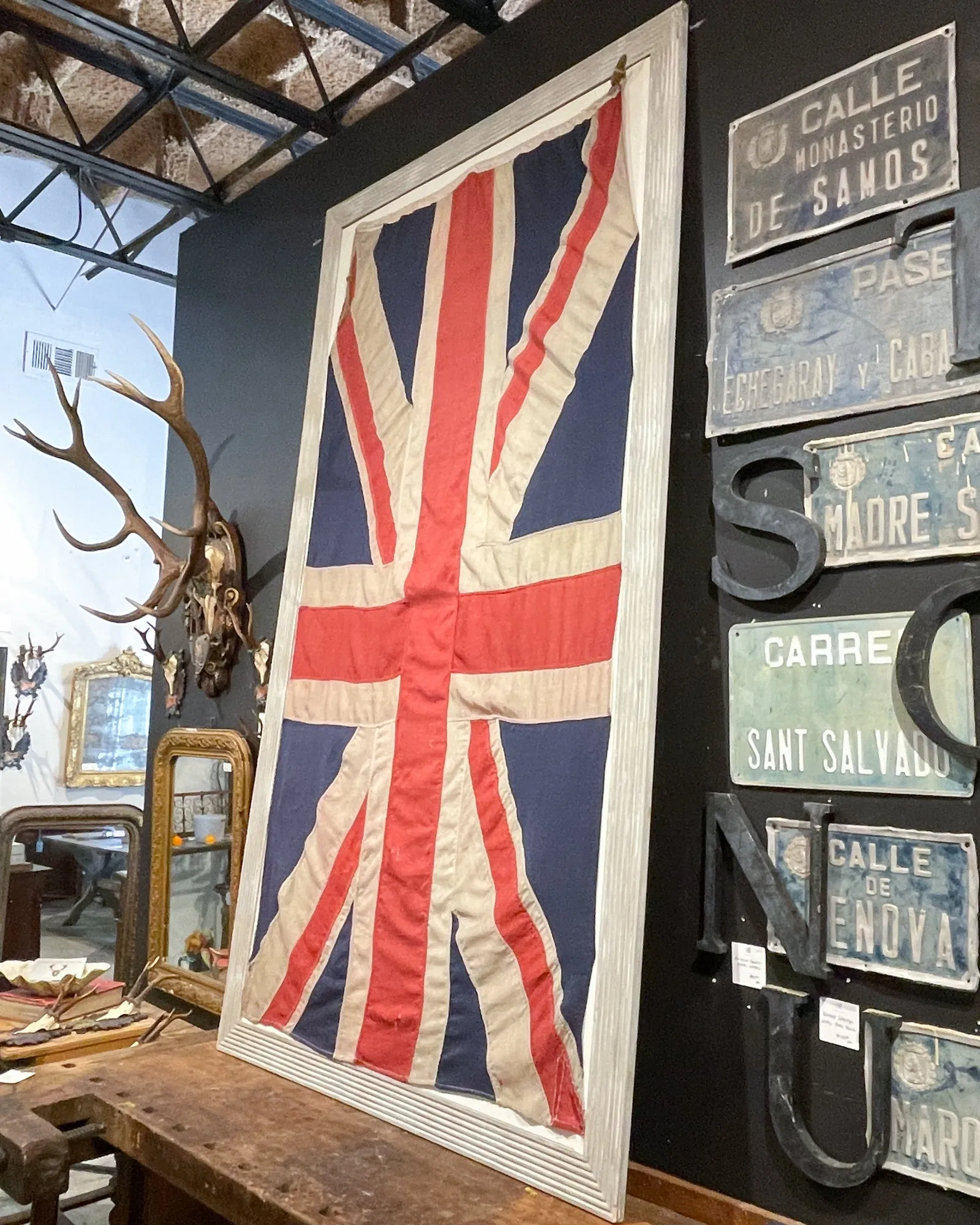 Antique Union Jack Flag in Greige Finished Fluted Wood Frame
