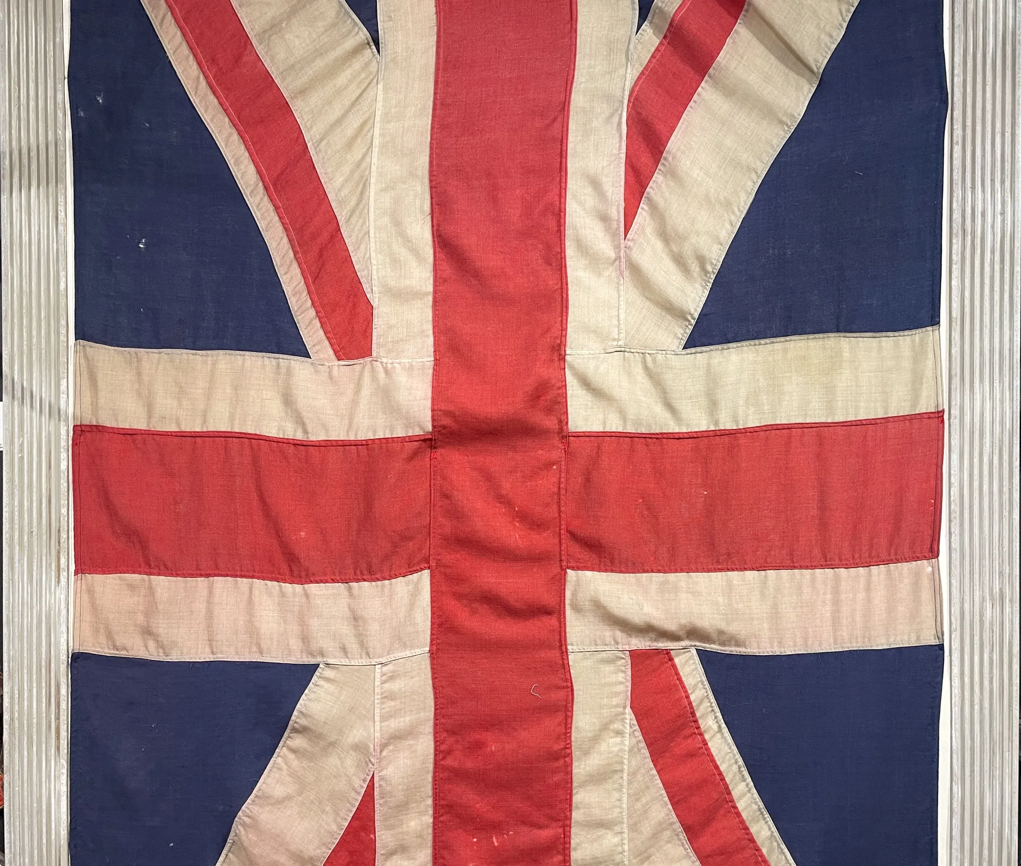 Antique Union Jack Flag in Greige Finished Fluted Wood Frame