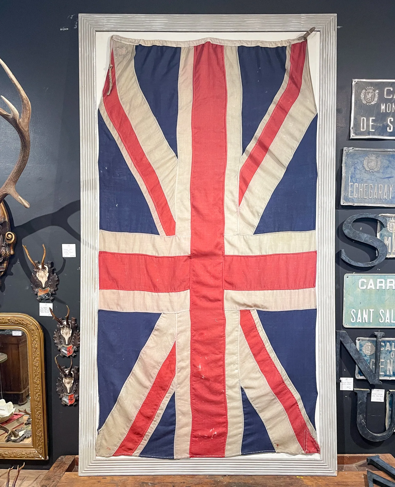 Antique Union Jack Flag in Greige Finished Fluted Wood Frame