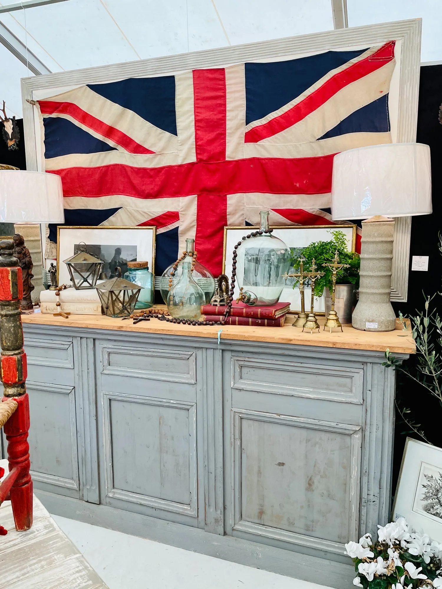 Antique Union Jack Flag in Greige Finished Fluted Wood Frame