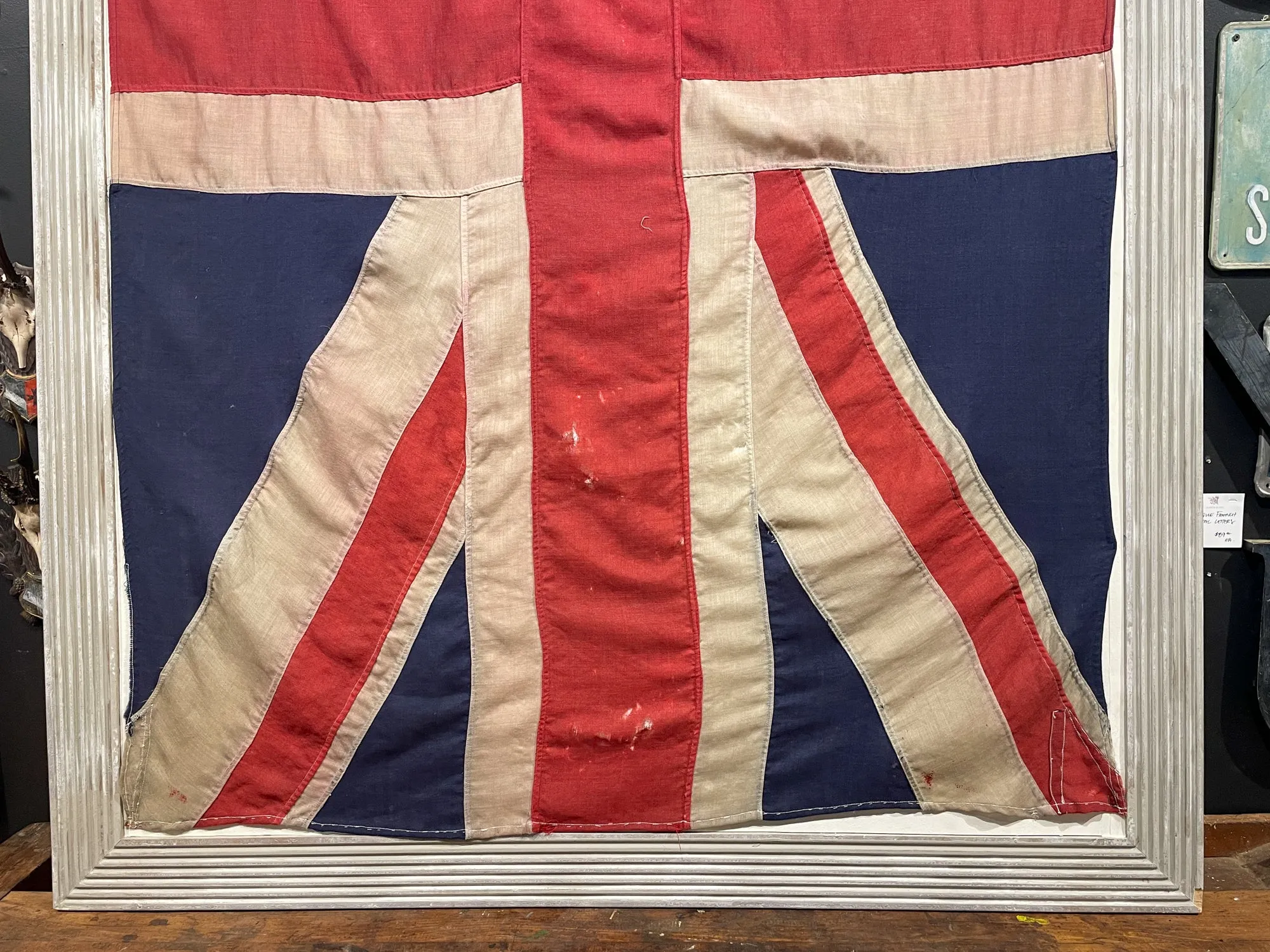 Antique Union Jack Flag in Greige Finished Fluted Wood Frame