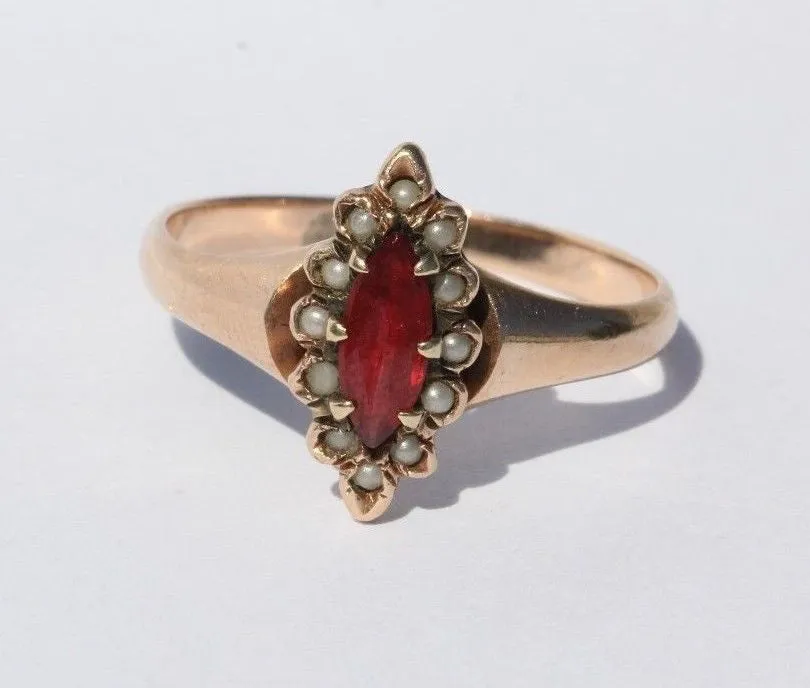Antique Victorian 10K Gold Seed Pearl & Tourmaline Ring
