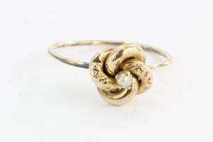 Antique Victorian 14K & 10K Gold Love Knot Seed Pearl Stick Pin Conversion Ring
