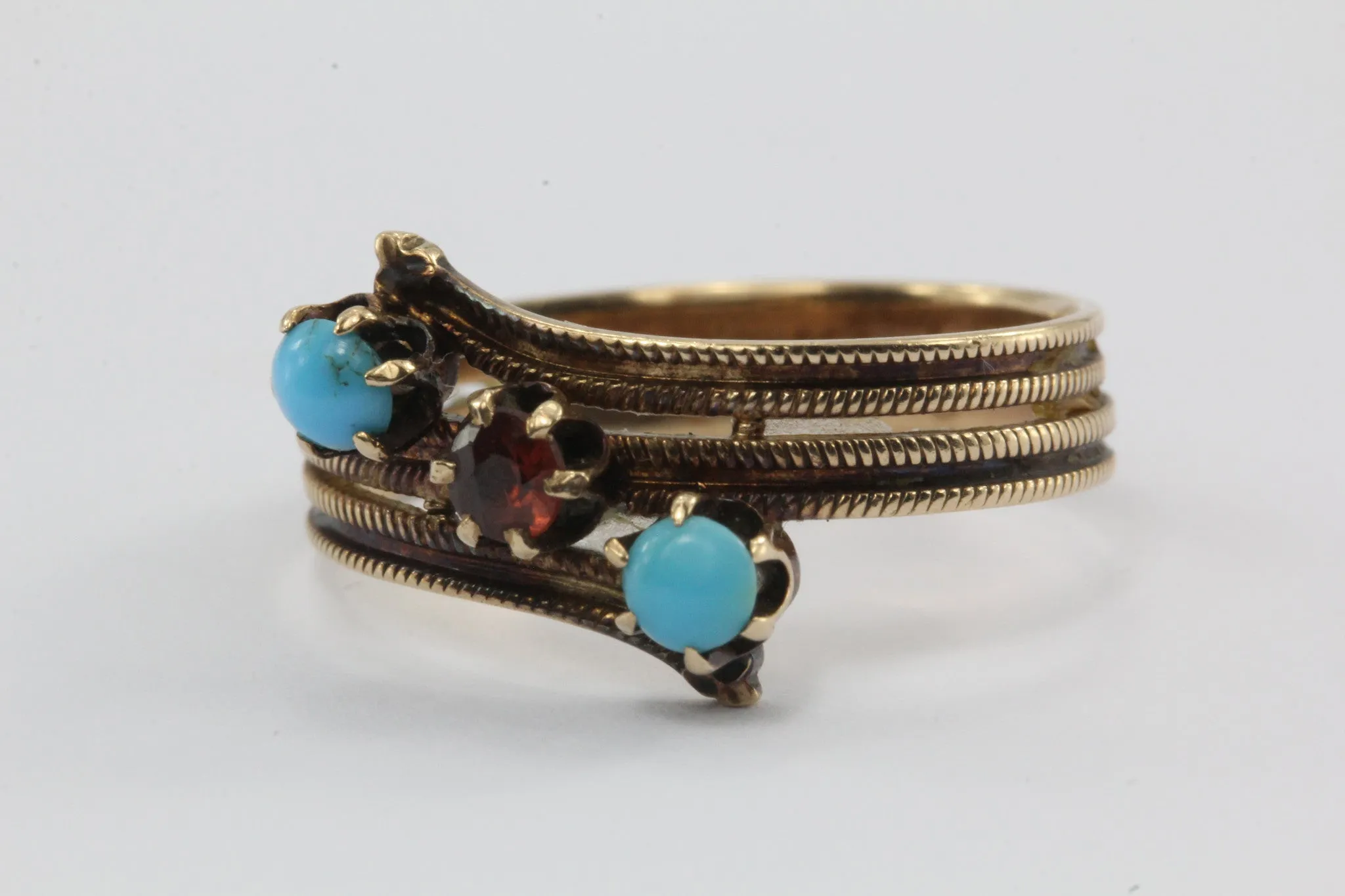 Antique Victorian 14K Gold Garnet & Persian Turquoise Ring Band