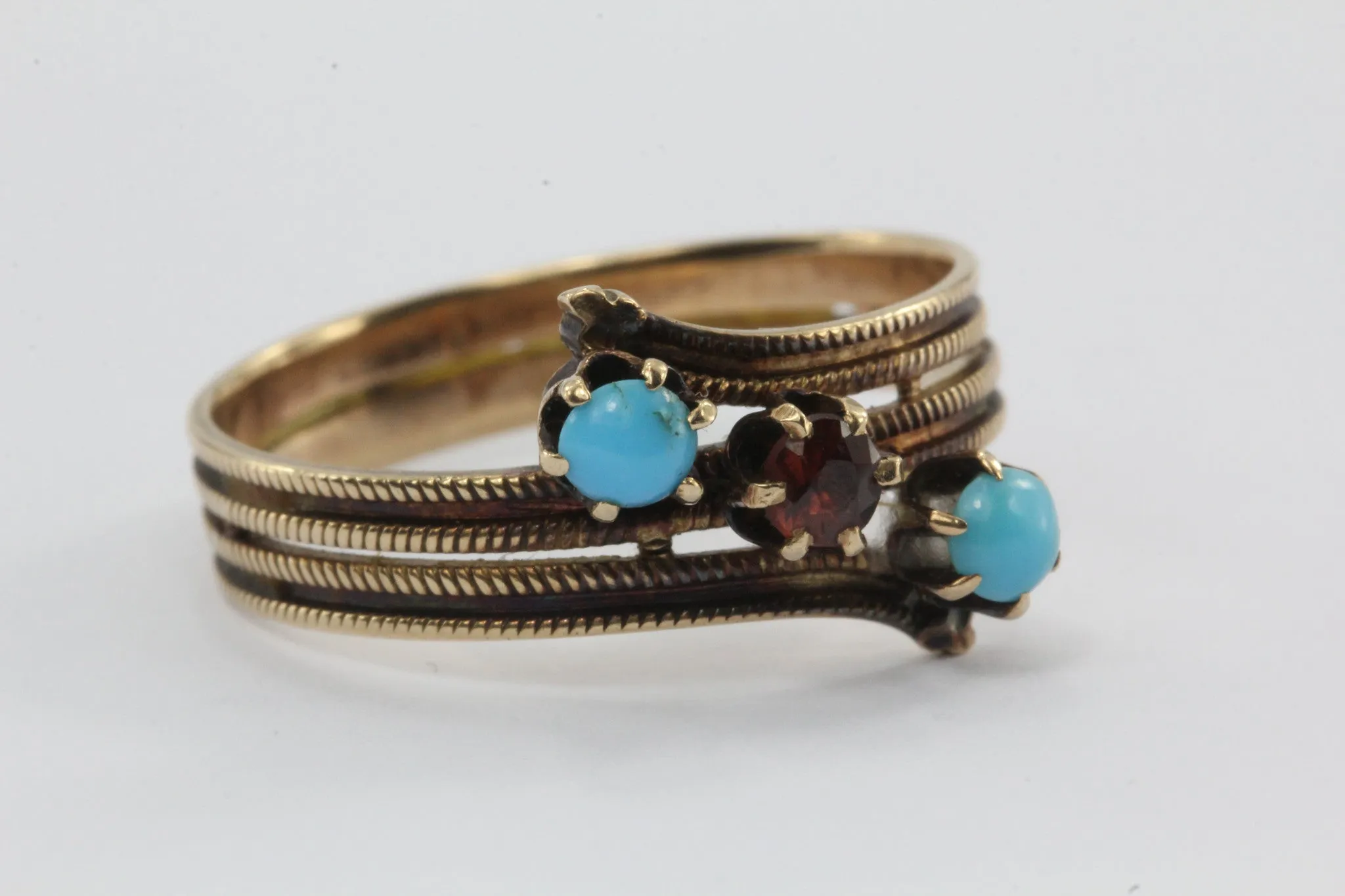 Antique Victorian 14K Gold Garnet & Persian Turquoise Ring Band