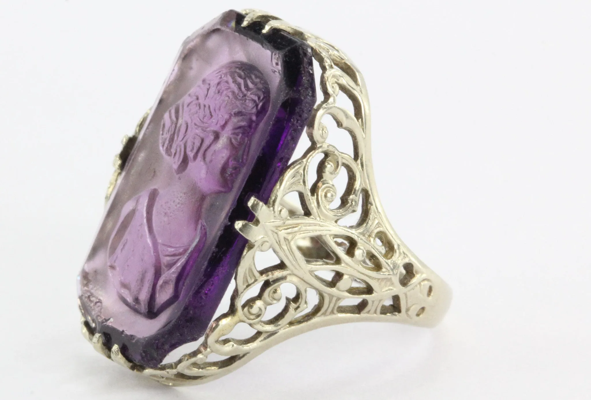 Antique Victorian 14K White Gold Purple Amethyst Glass Cameo Ring