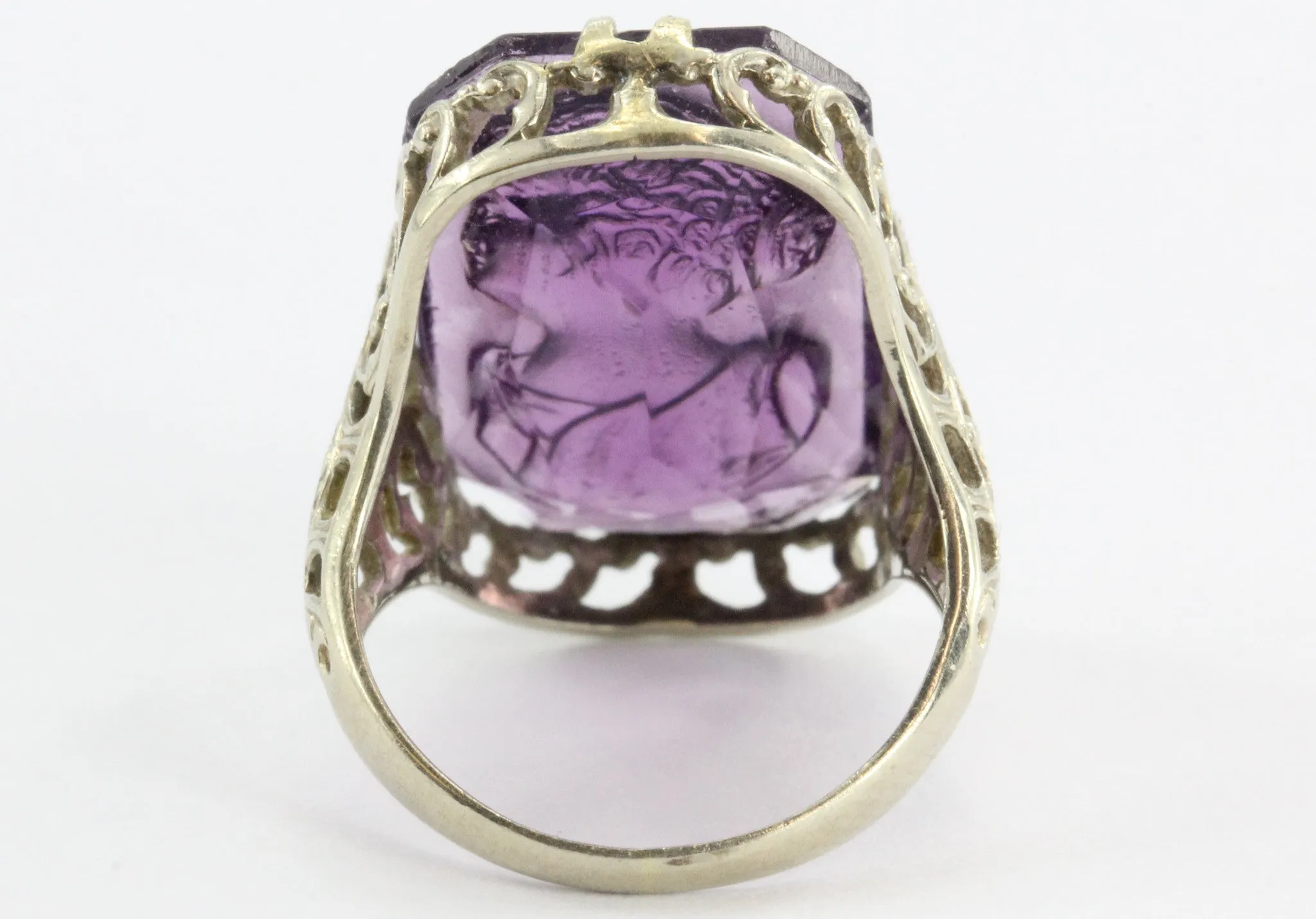 Antique Victorian 14K White Gold Purple Amethyst Glass Cameo Ring