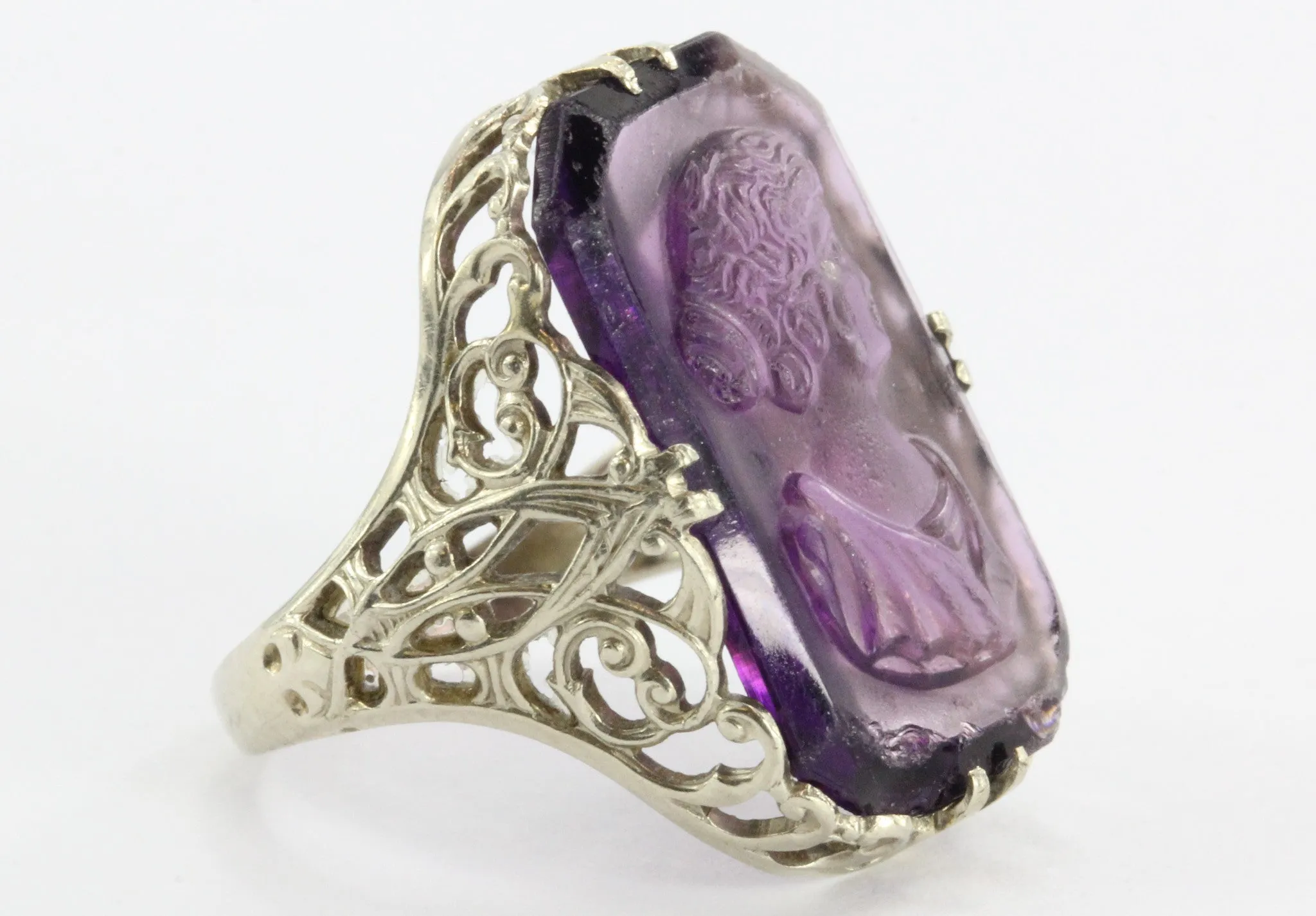 Antique Victorian 14K White Gold Purple Amethyst Glass Cameo Ring