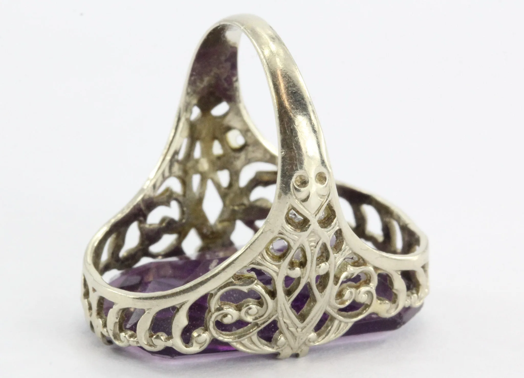 Antique Victorian 14K White Gold Purple Amethyst Glass Cameo Ring