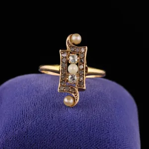 Antique Victorian 18K Yellow Gold Pearl and Rose Cut Diamond Ring
