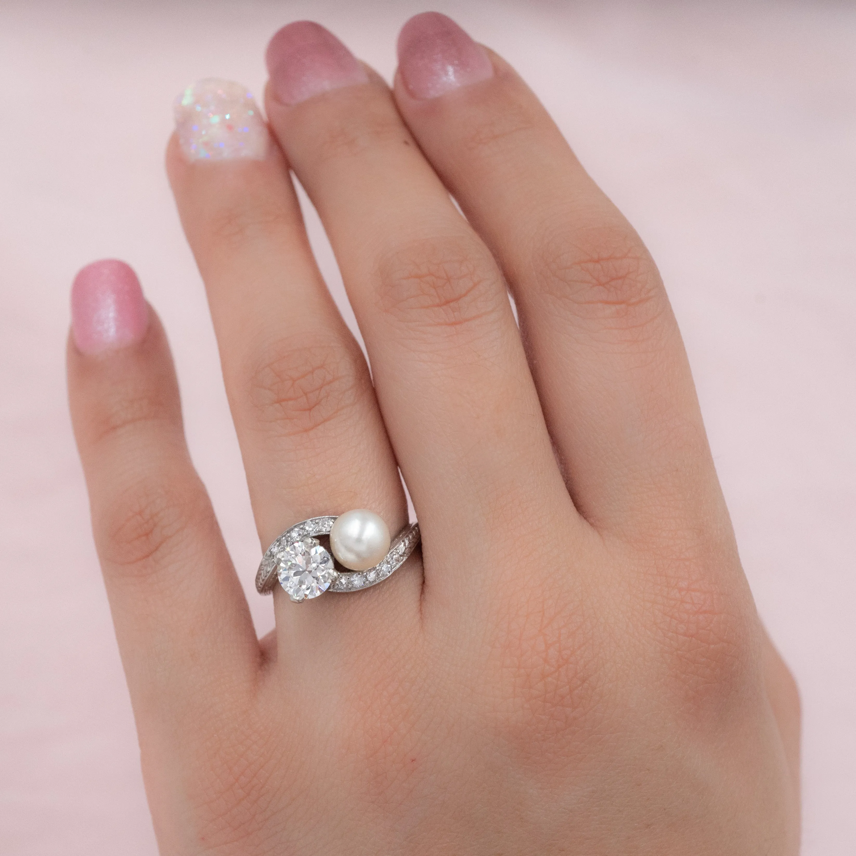 Art-Deco Natural Pearl & Diamond Toi Et Moi