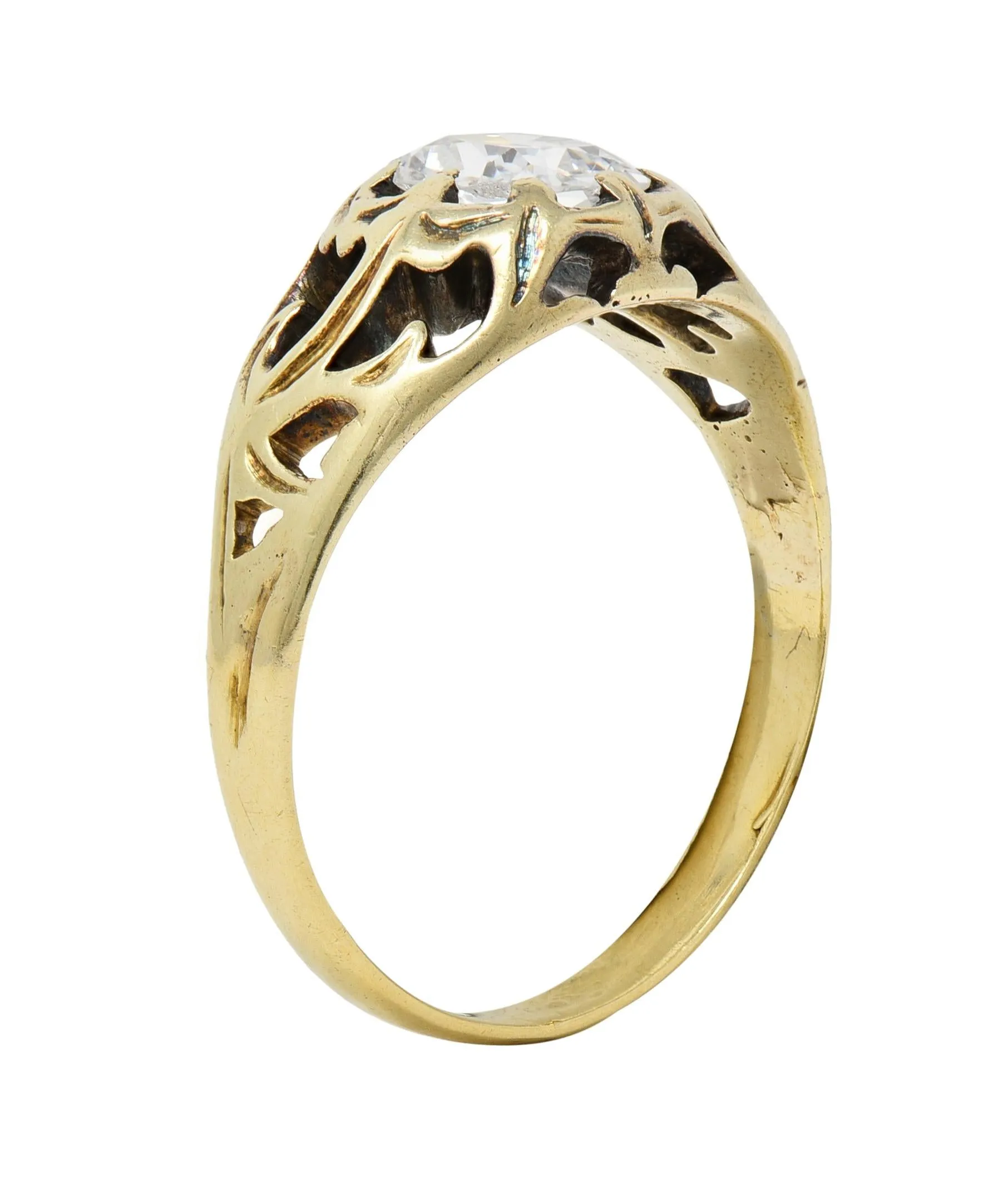 Art Nouveau 0.53 CTW Old Mine Cut Diamond 18 Karat Gold Belcher Antique Engagement Ring