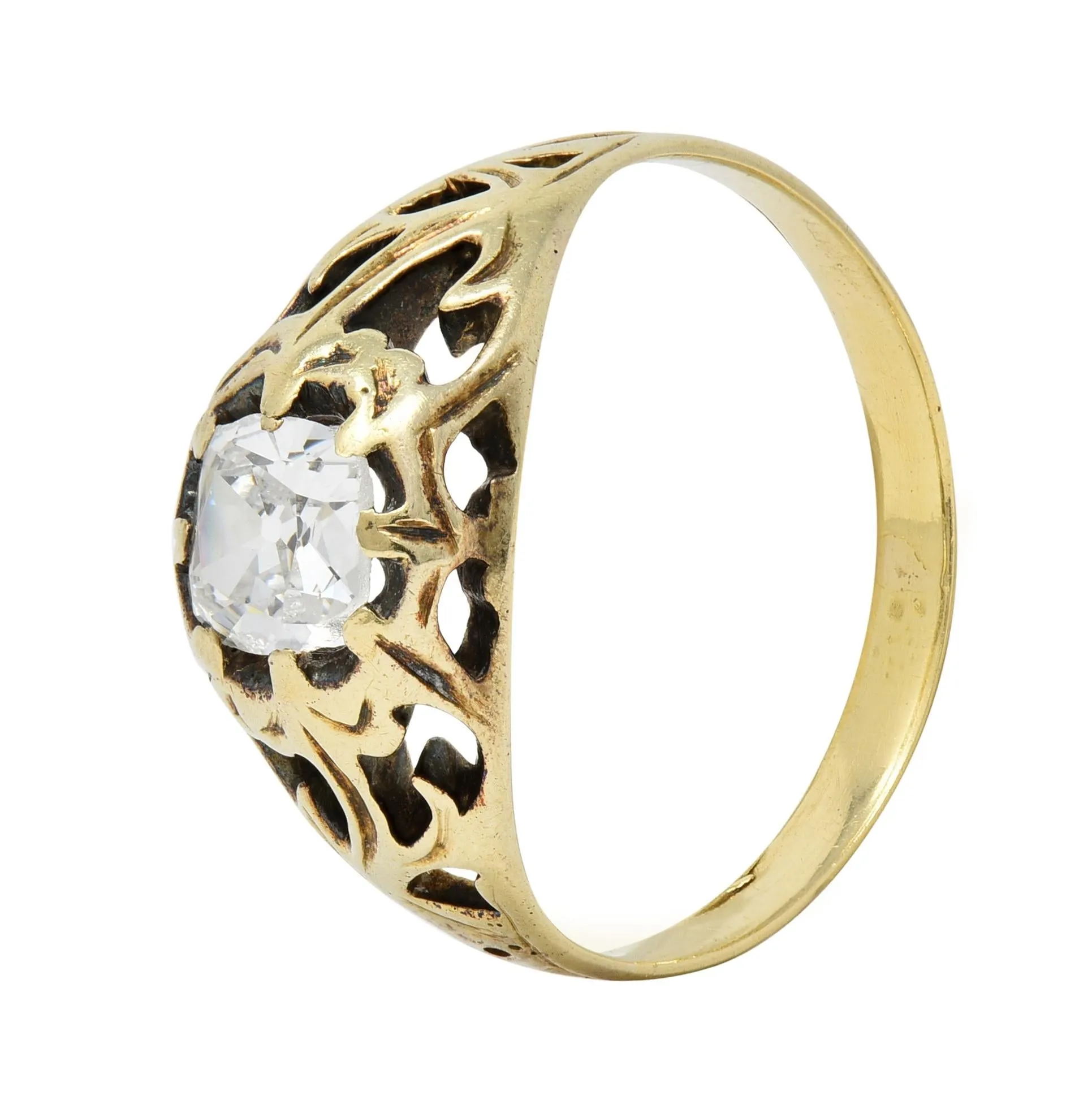 Art Nouveau 0.53 CTW Old Mine Cut Diamond 18 Karat Gold Belcher Antique Engagement Ring