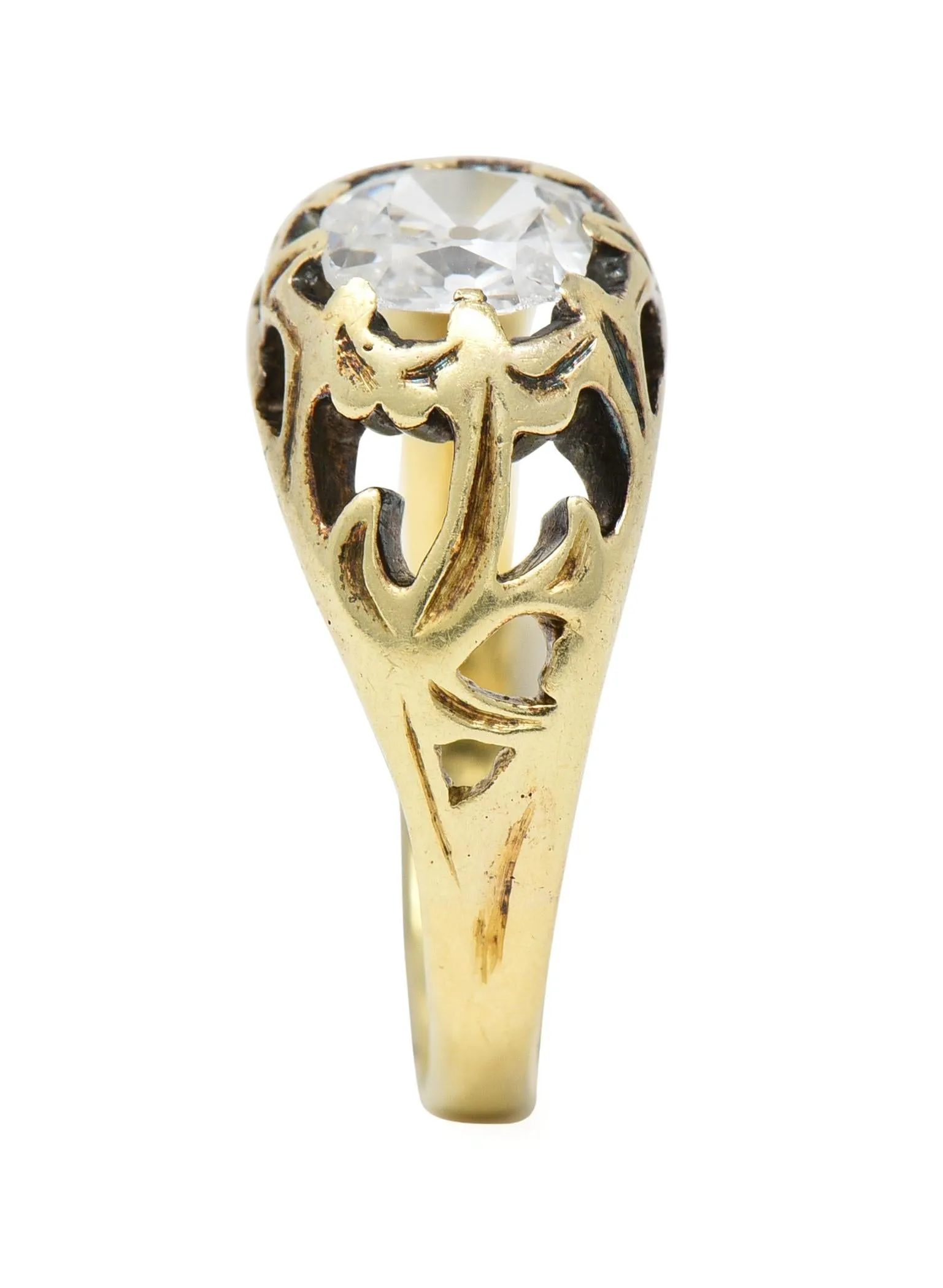 Art Nouveau 0.53 CTW Old Mine Cut Diamond 18 Karat Gold Belcher Antique Engagement Ring