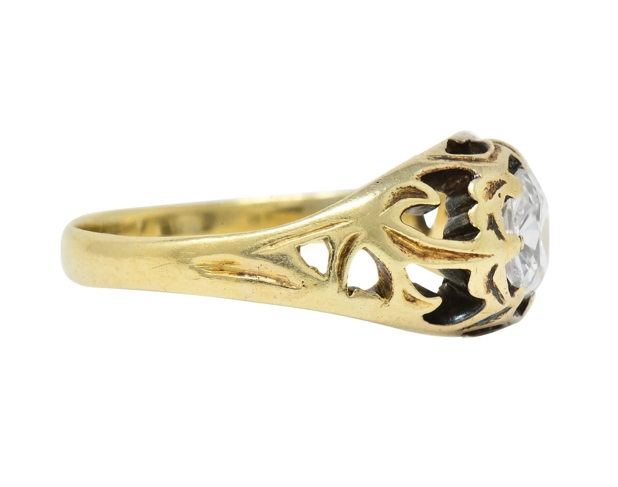 Art Nouveau 0.53 CTW Old Mine Cut Diamond 18 Karat Gold Belcher Antique Engagement Ring