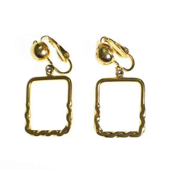 Authentic Vintage Gold Square Geometric Dangling Hoop Earrings Minimalist