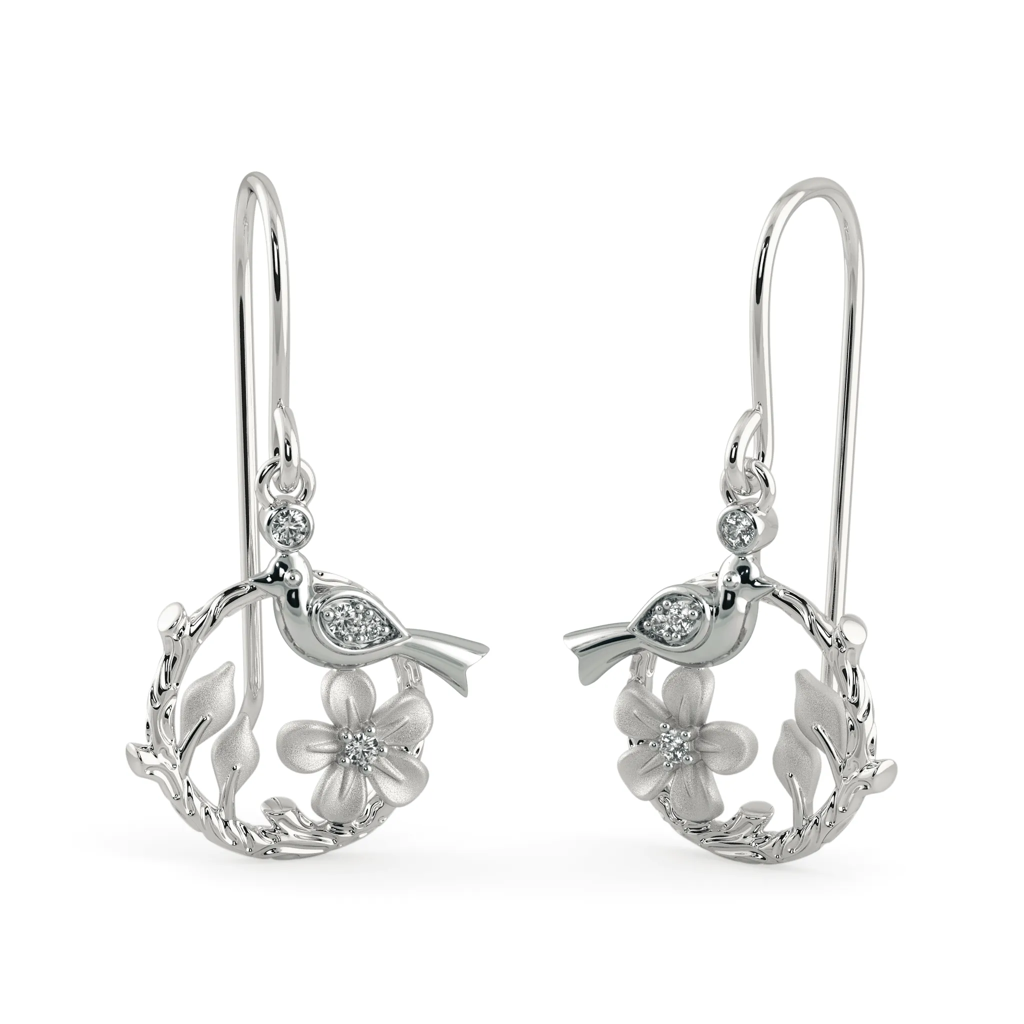 Bird Branch Drop Earrings / Diamond 14k Gold Earrings / Real Diamond Earrings / 14kt Solid Gold Earrings / 2 Earrings Pair