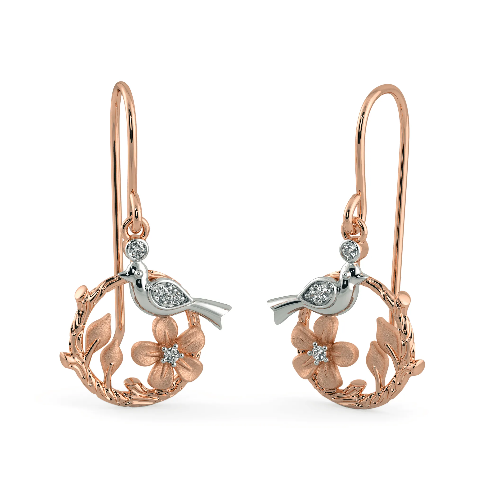 Bird Branch Drop Earrings / Diamond 14k Gold Earrings / Real Diamond Earrings / 14kt Solid Gold Earrings / 2 Earrings Pair