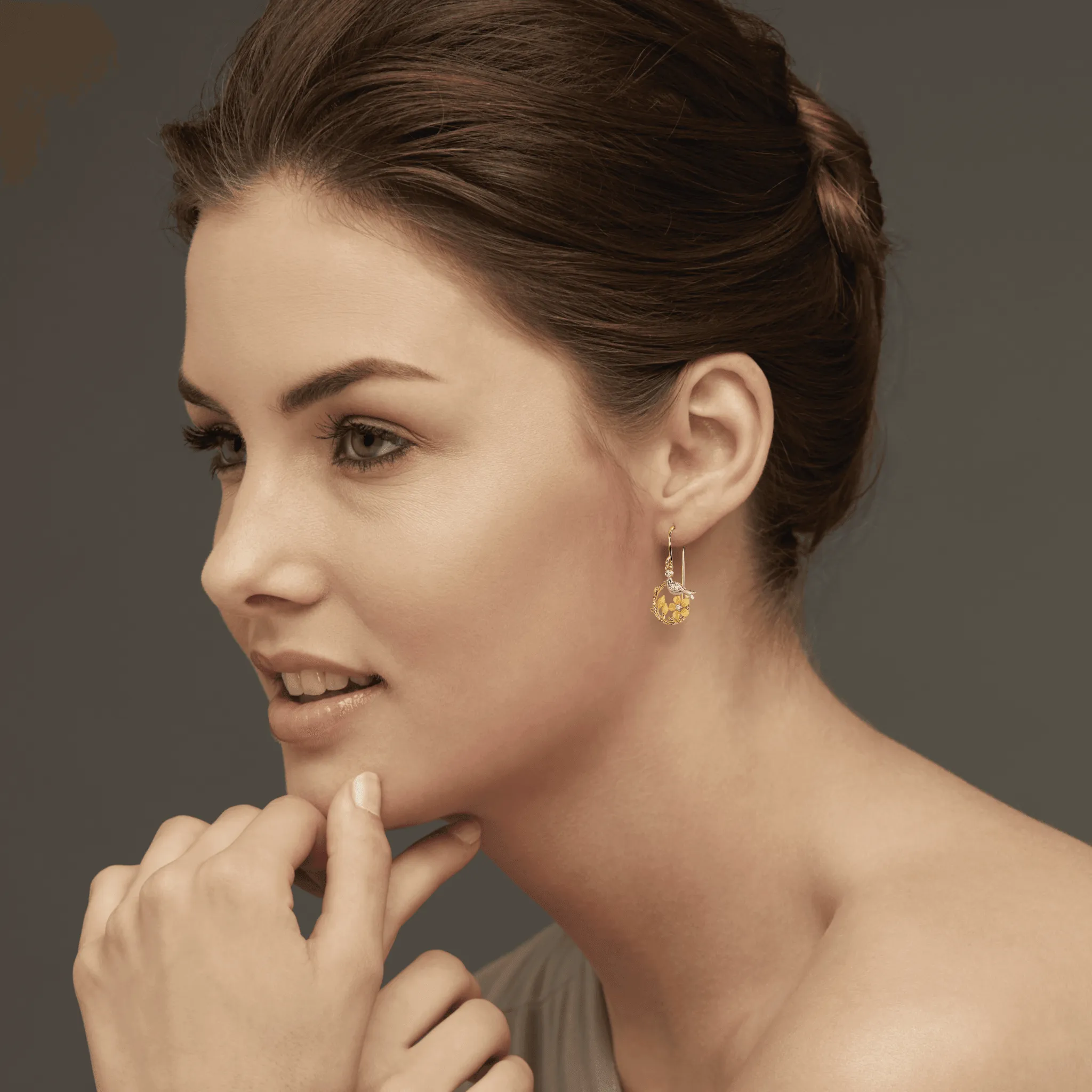 Bird Branch Drop Earrings / Diamond 14k Gold Earrings / Real Diamond Earrings / 14kt Solid Gold Earrings / 2 Earrings Pair