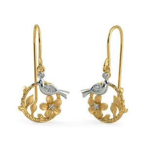 Bird Branch Drop Earrings / Diamond 14k Gold Earrings / Real Diamond Earrings / 14kt Solid Gold Earrings / 2 Earrings Pair