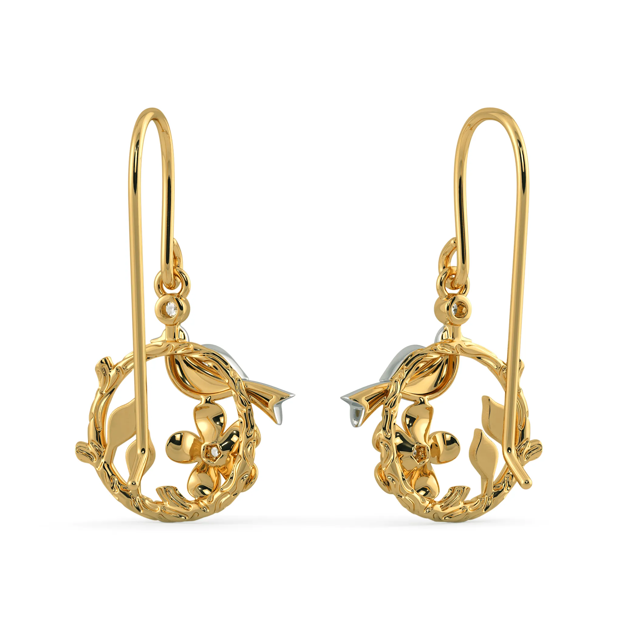 Bird Branch Drop Earrings / Diamond 14k Gold Earrings / Real Diamond Earrings / 14kt Solid Gold Earrings / 2 Earrings Pair