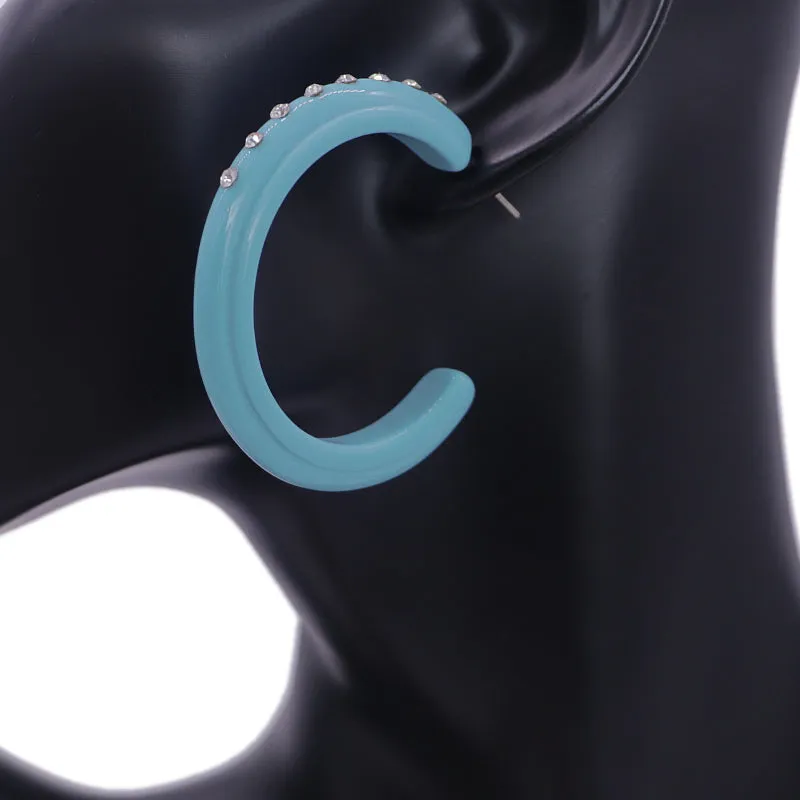 Blue Glossy Rhinestone Hoop Earrings