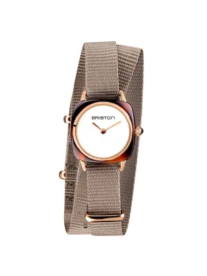 Briston Clubmaster Lady Acetate HM Tortoise Shell White Dial Rose Gold Taupe Double Tour Nato Strap 24mm