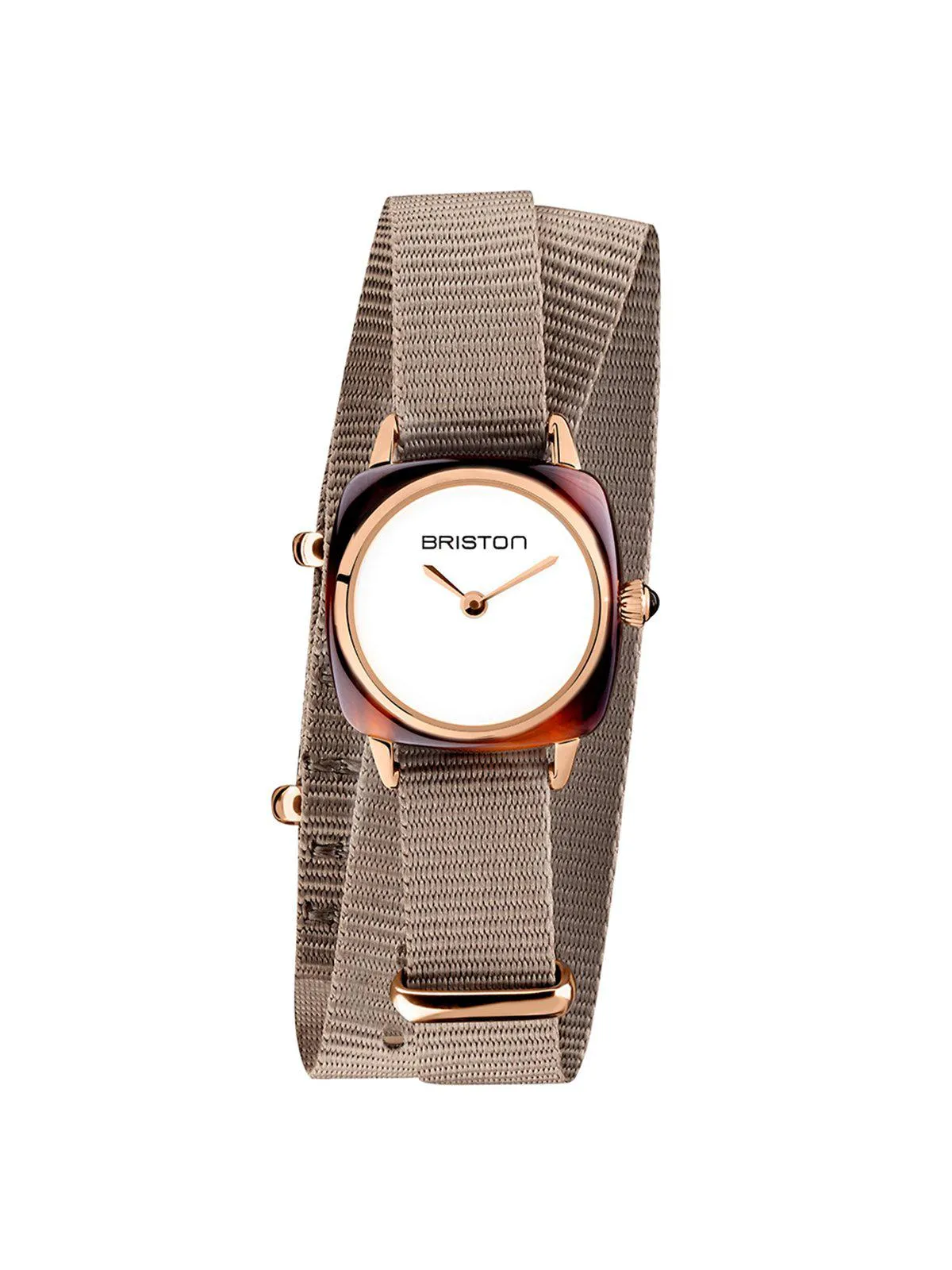Briston Clubmaster Lady Acetate HM Tortoise Shell White Dial Rose Gold Taupe Double Tour Nato Strap 24mm