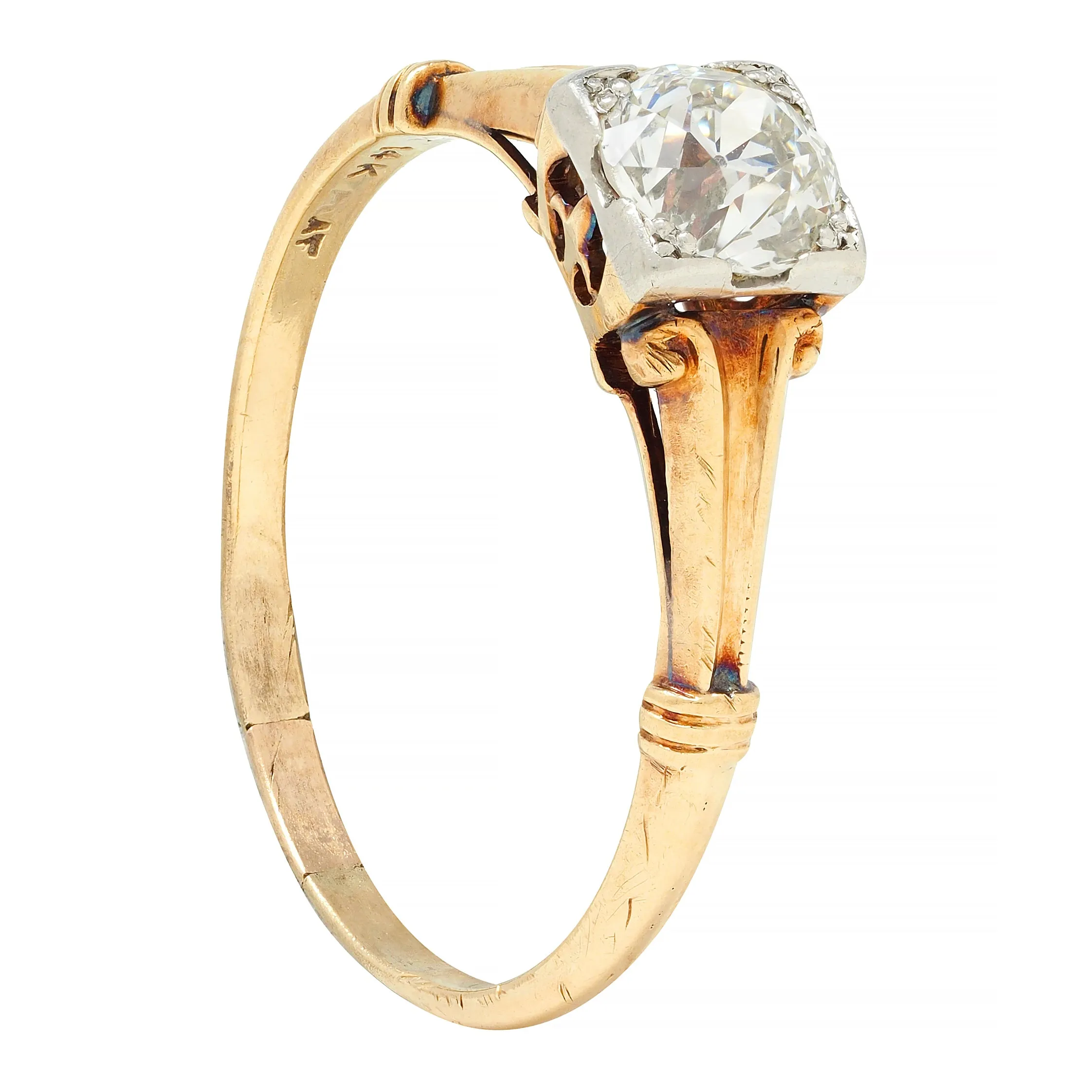 Brogan Co. Edwardian 1910 0.70 CTW Platinum 14 Karat Gold Fleur-De-Lis Antique Engagement Ring