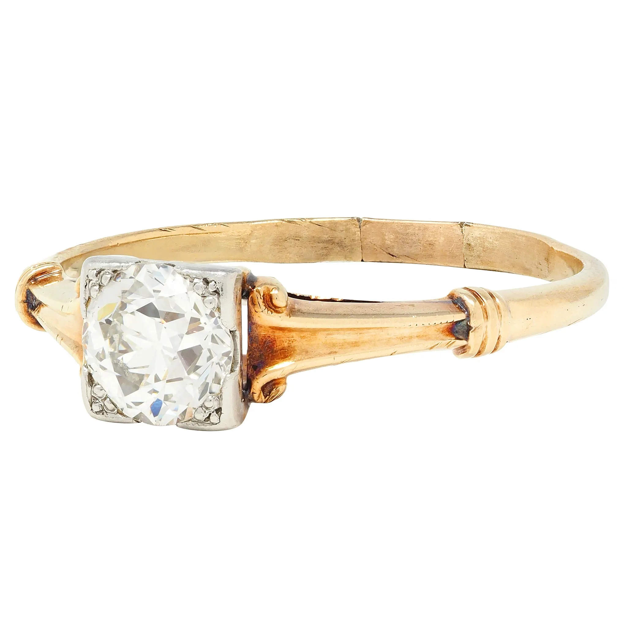 Brogan Co. Edwardian 1910 0.70 CTW Platinum 14 Karat Gold Fleur-De-Lis Antique Engagement Ring