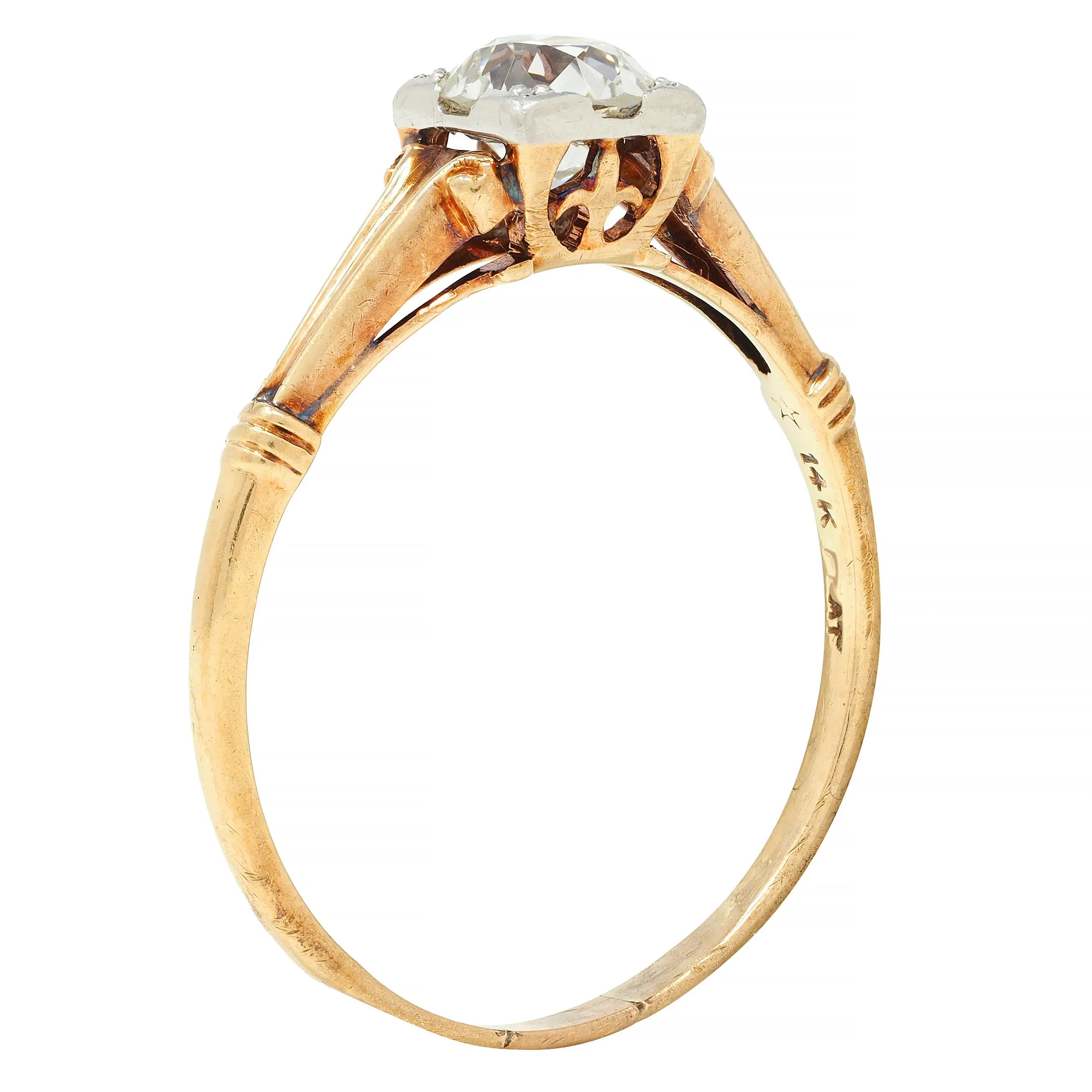 Brogan Co. Edwardian 1910 0.70 CTW Platinum 14 Karat Gold Fleur-De-Lis Antique Engagement Ring