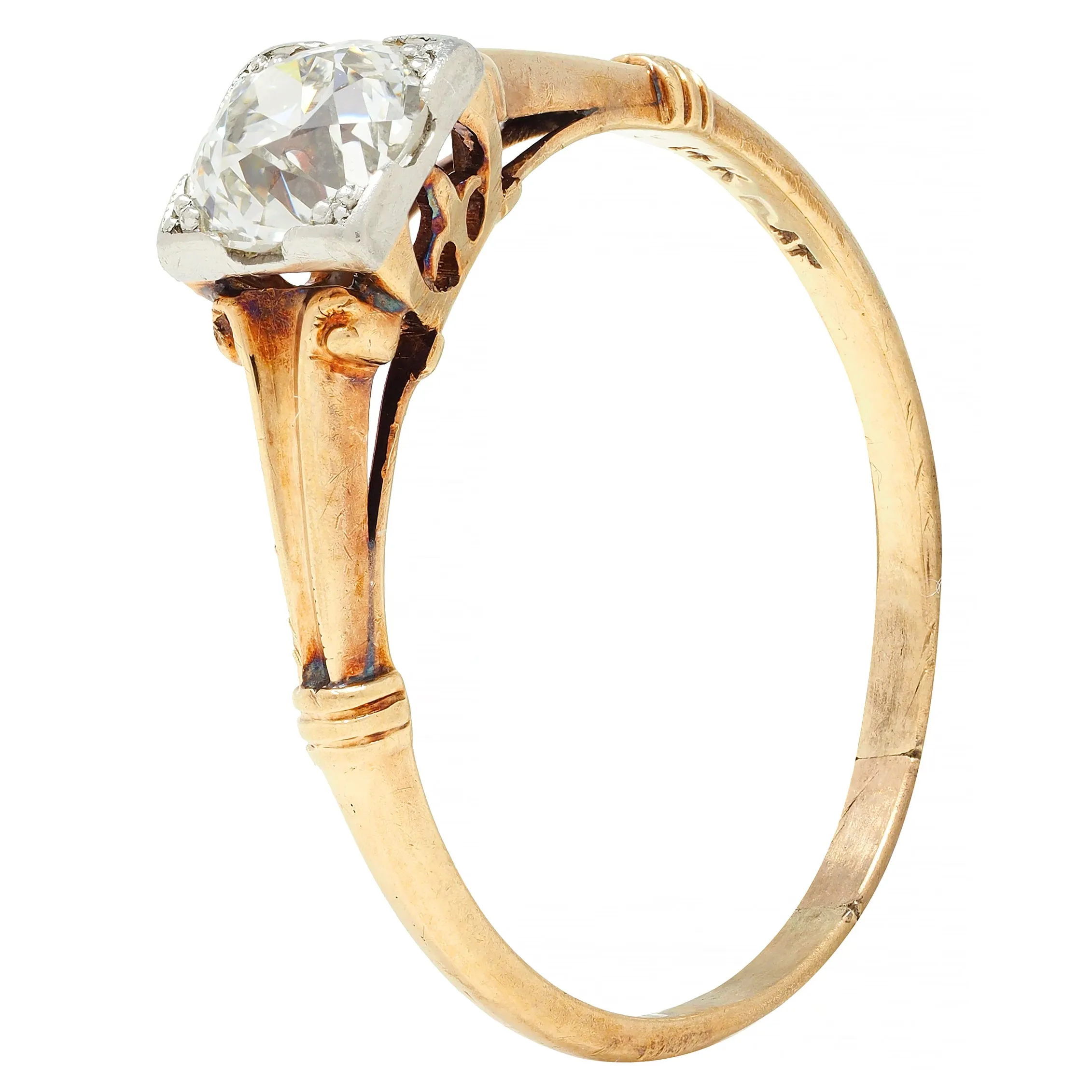 Brogan Co. Edwardian 1910 0.70 CTW Platinum 14 Karat Gold Fleur-De-Lis Antique Engagement Ring