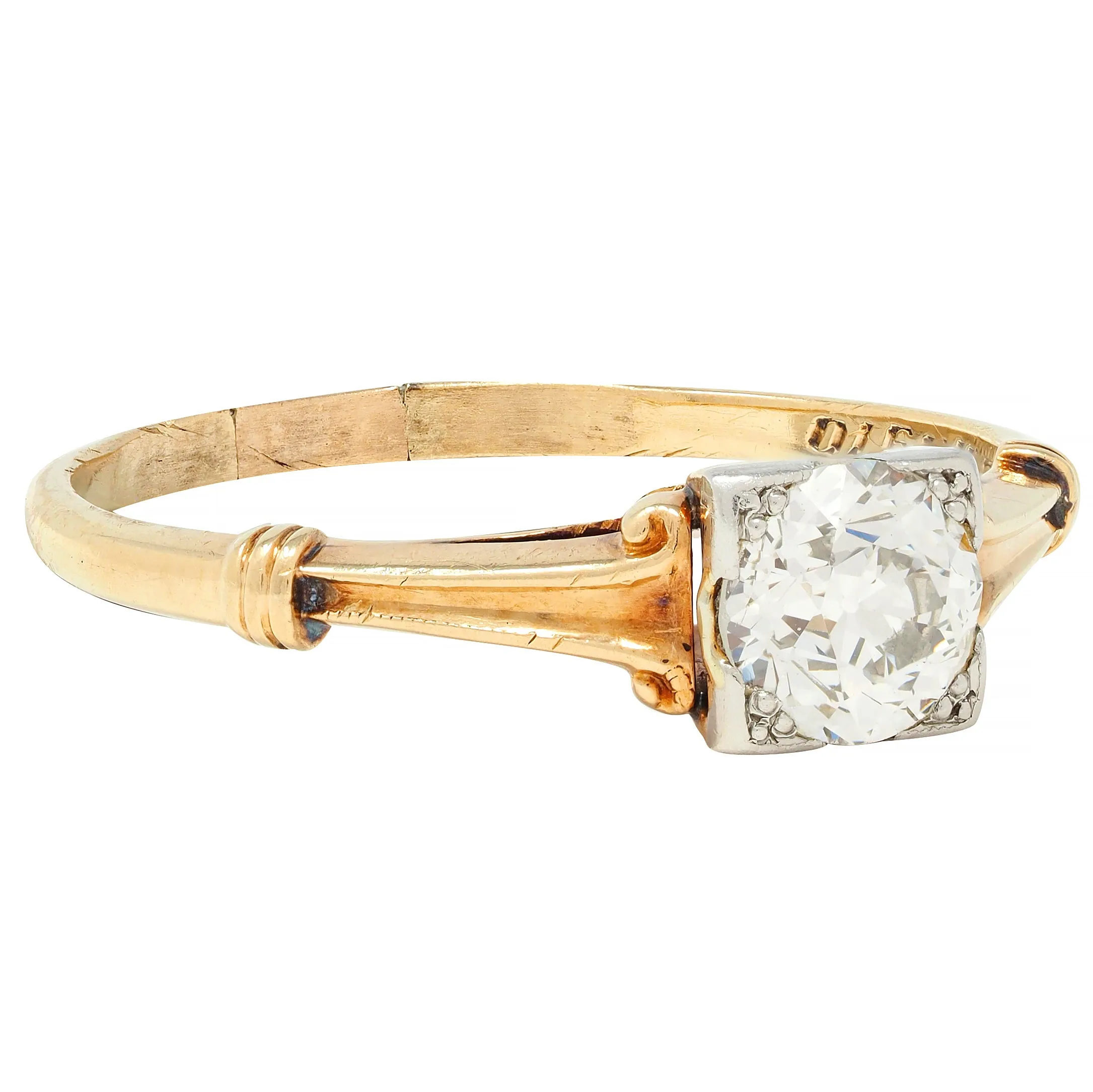 Brogan Co. Edwardian 1910 0.70 CTW Platinum 14 Karat Gold Fleur-De-Lis Antique Engagement Ring