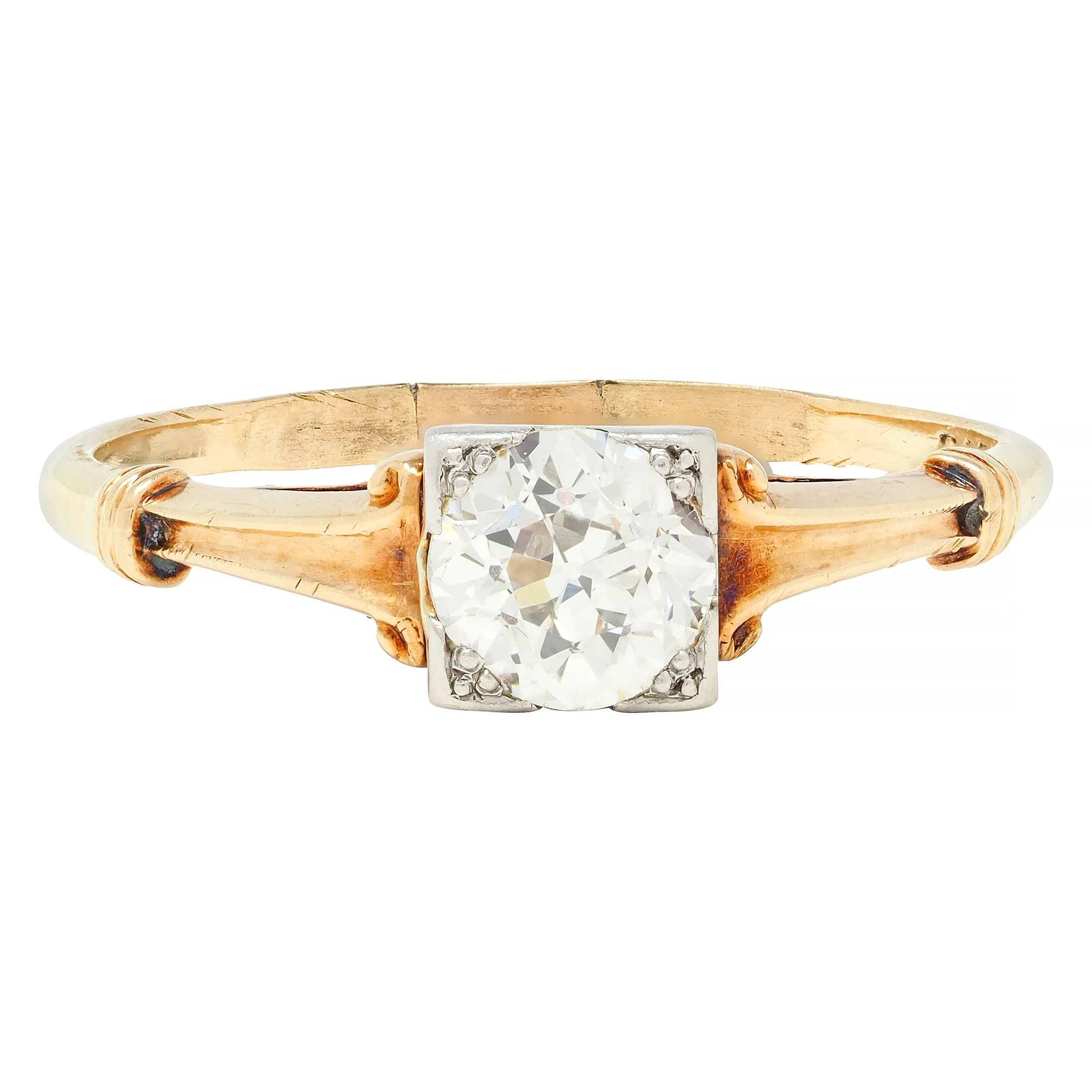 Brogan Co. Edwardian 1910 0.70 CTW Platinum 14 Karat Gold Fleur-De-Lis Antique Engagement Ring
