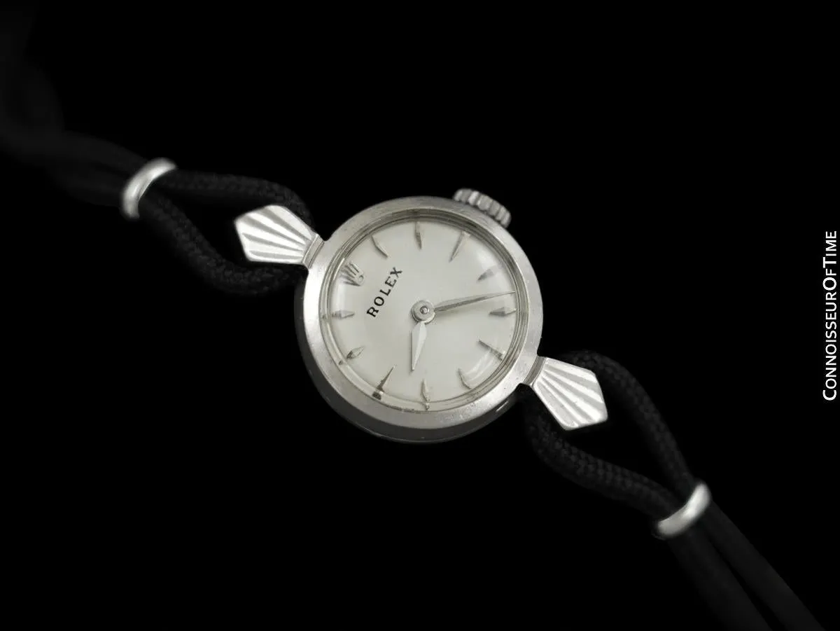 c. 1957 Rolex Orchid Ladies Vintage Watch, 18K White Gold - Rare & Beautiful Crown Design