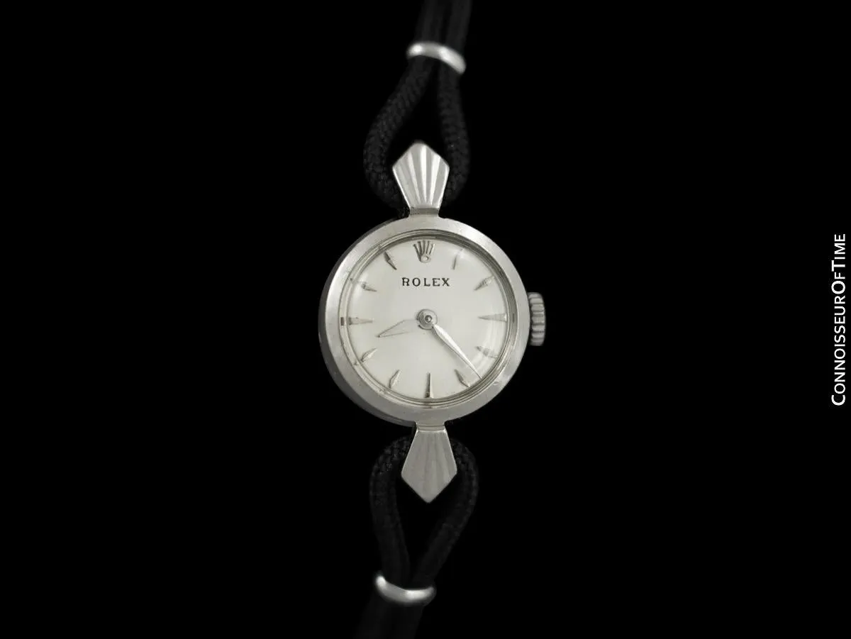 c. 1957 Rolex Orchid Ladies Vintage Watch, 18K White Gold - Rare & Beautiful Crown Design