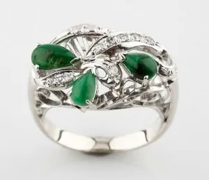 Cabochon Jadeite and Diamond 10k White Gold Cluster Ring Size 5.75