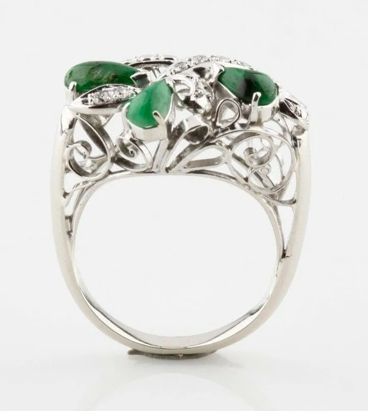 Cabochon Jadeite and Diamond 10k White Gold Cluster Ring Size 5.75